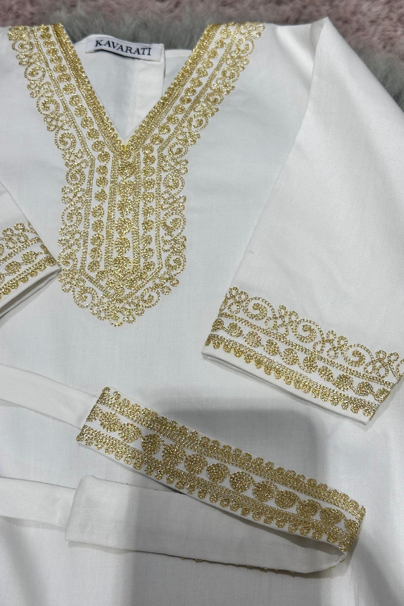 Embroidered Baby Girl Overall & Hair Band – Cream Cotton with Gold Hand Embroidery (Size 6–9 Months)