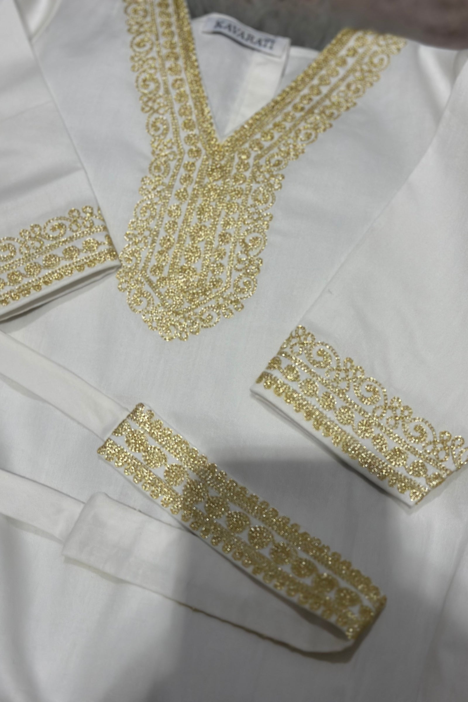 Embroidered Baby Girl Overall & Hair Band – Cream Cotton with Gold Hand Embroidery (Size 6–9 Months)