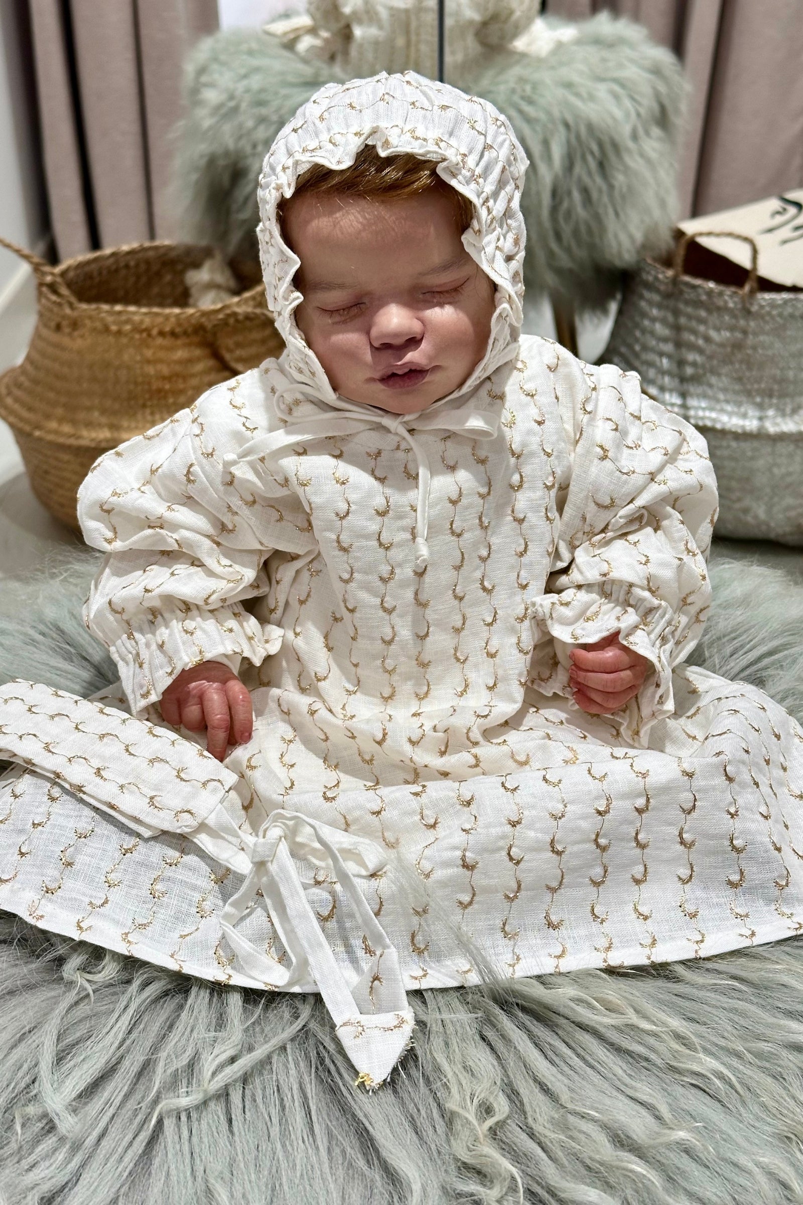 Helal & Najma Collection – Embroidered Baby Girl Set (Dress, Overalls, Hat & Hair Band) - (Size 0–3 Months)