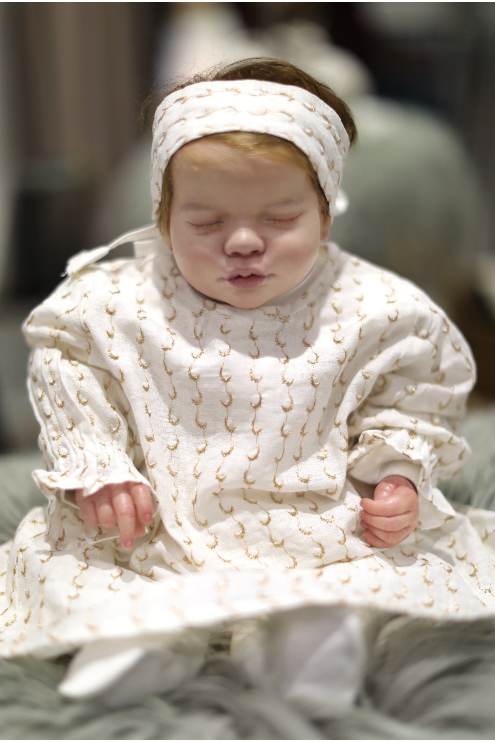 Helal & Najma Collection – Embroidered Baby Girl Set (Dress, Overalls, Hat & Hair Band) - (Size 0–3 Months)