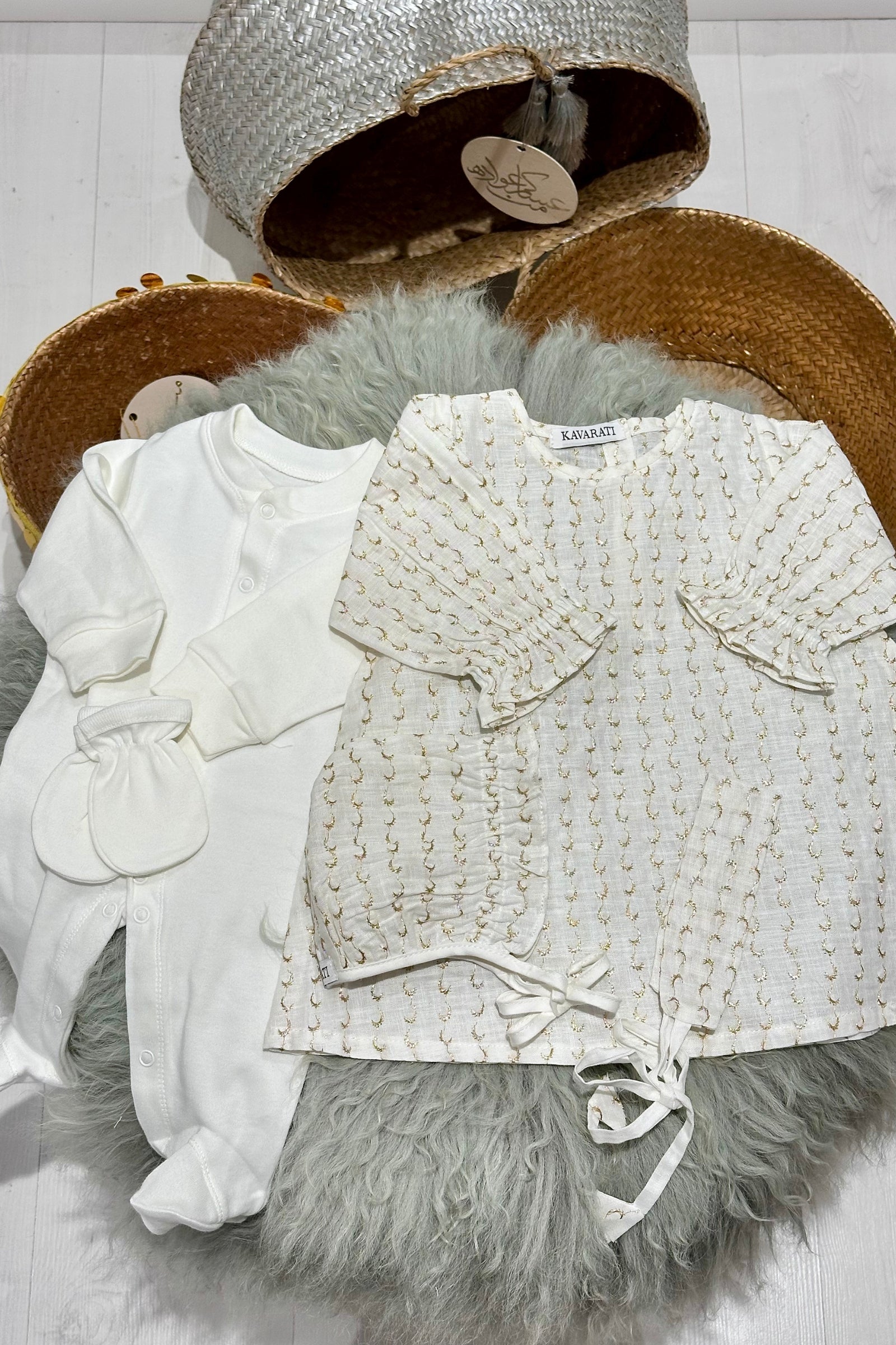 Helal & Najma Collection – Embroidered Baby Girl Set (Dress, Overalls, Hat & Hair Band) - (Size 0–3 Months)