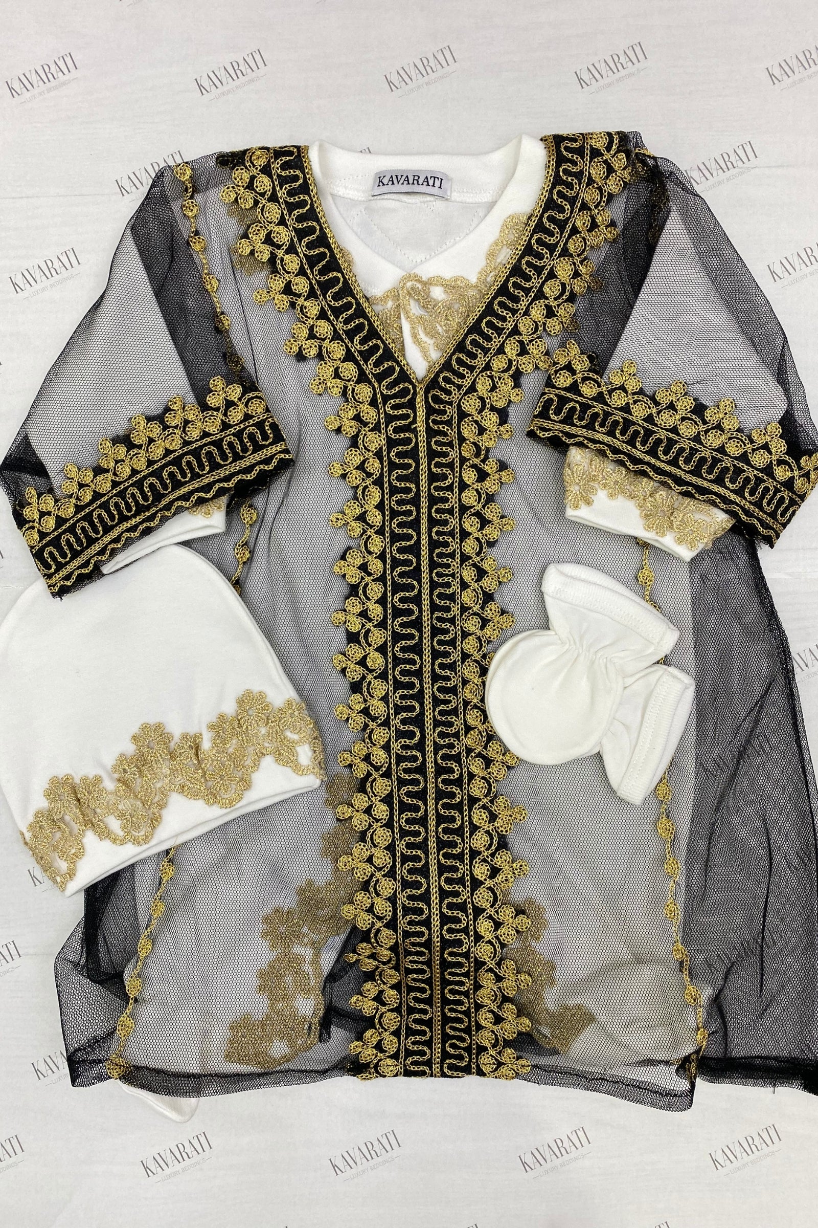 Baby Girl Black Thoub Set with Overall, Cap & Gloves – Gold Lace Detailing (Size 0–3 Months)