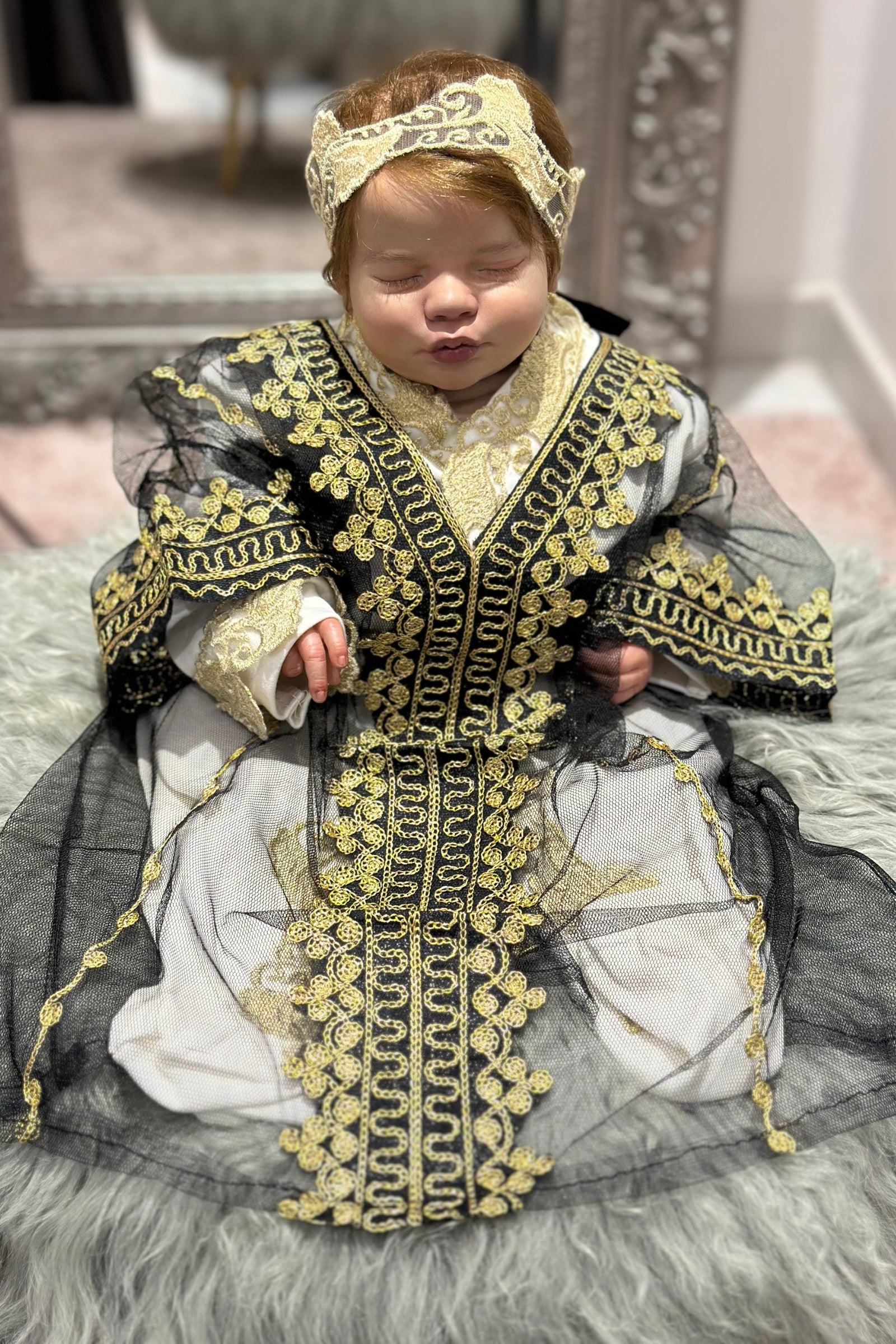 Luxury Baby Girl Black Thoub Set with Overall & Hair Band – Gold Hand Embroidery (Size 3–6 Months)