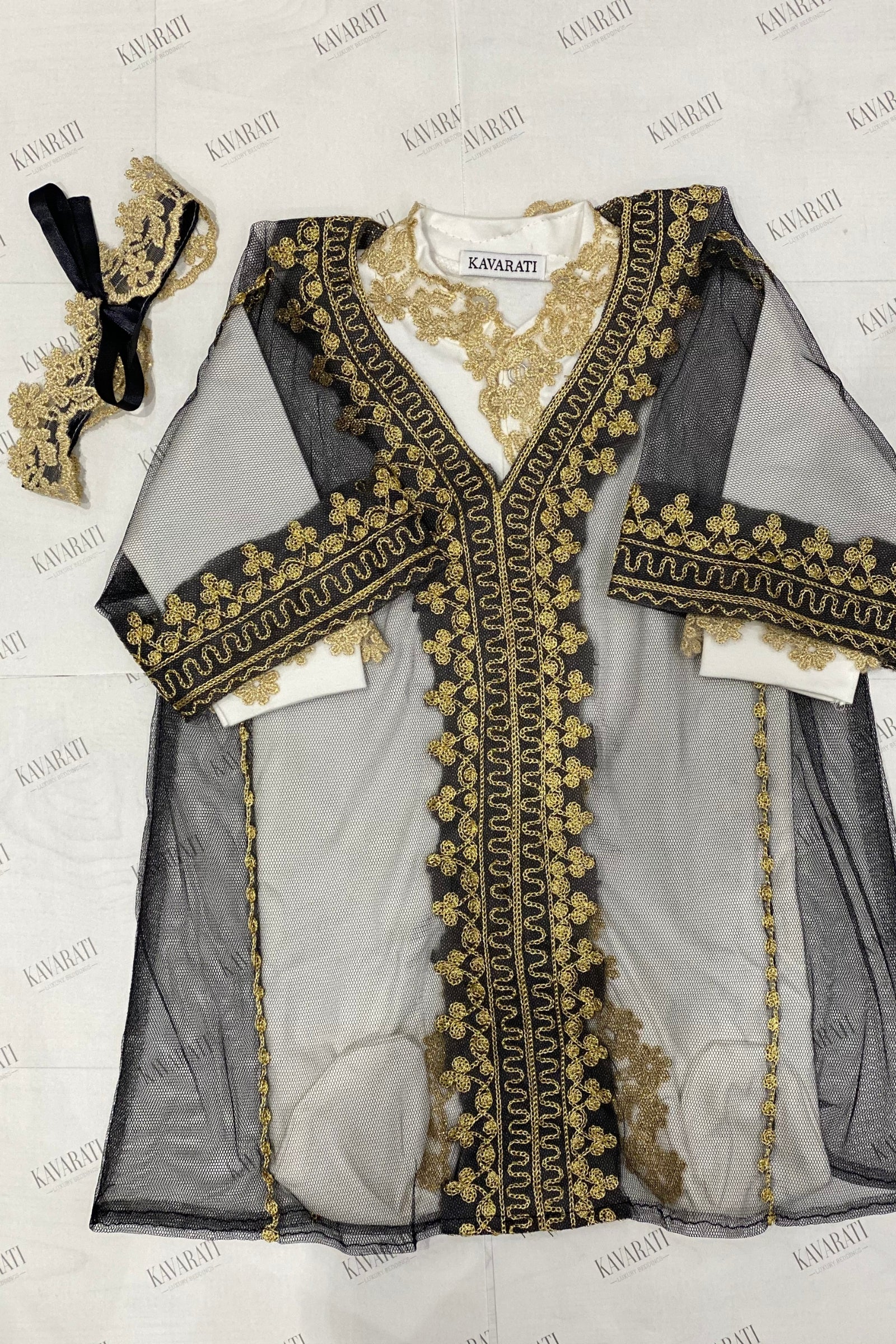 Luxury Baby Girl Black Thoub Set with Overall & Hair Band – Gold Hand Embroidery (Size 3–6 Months)