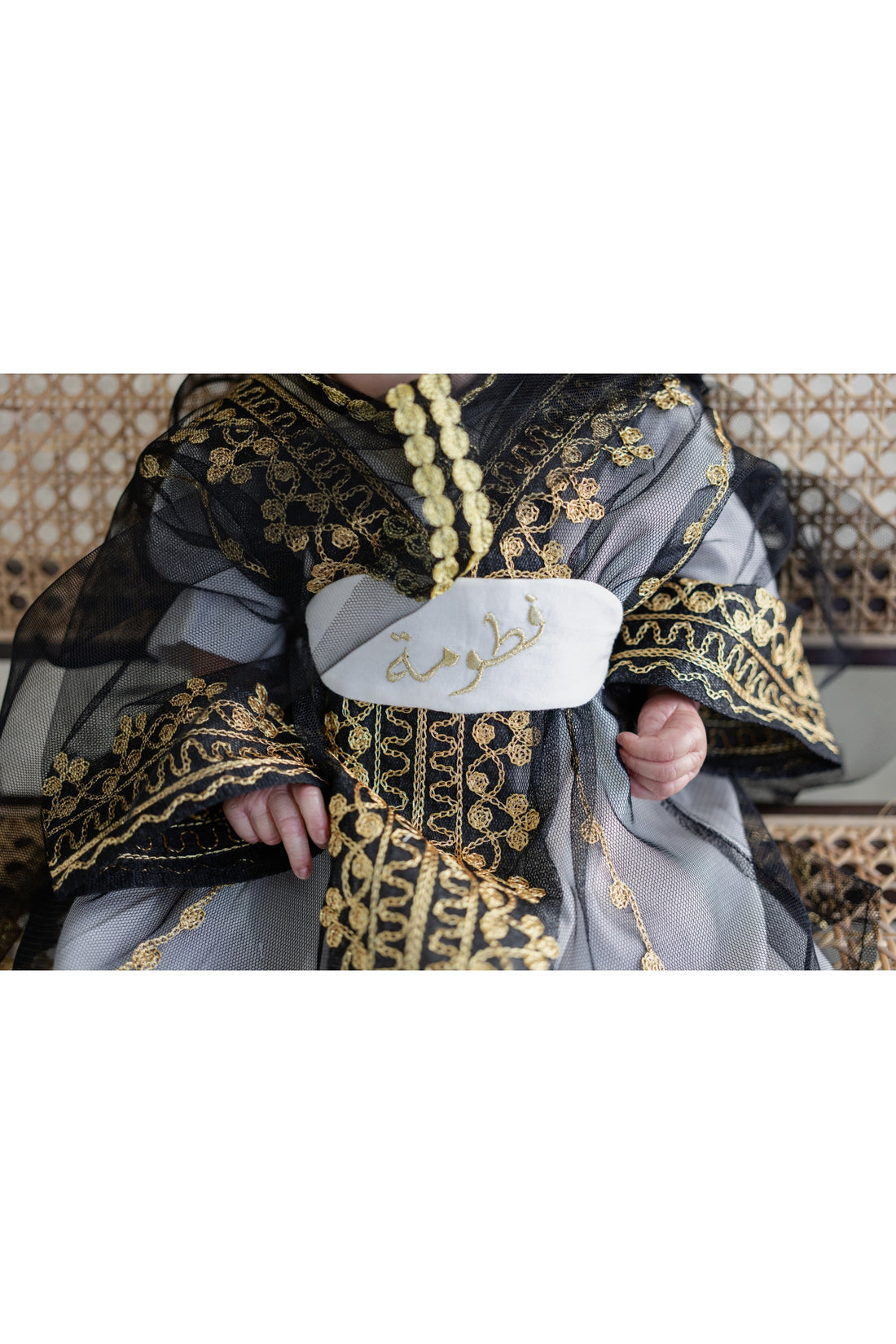 Baby Girl Black Thoub Set with Bokhnag, Dress & Embroidered Belt – Golden Hand Embroidery (Size 0–6 Months)