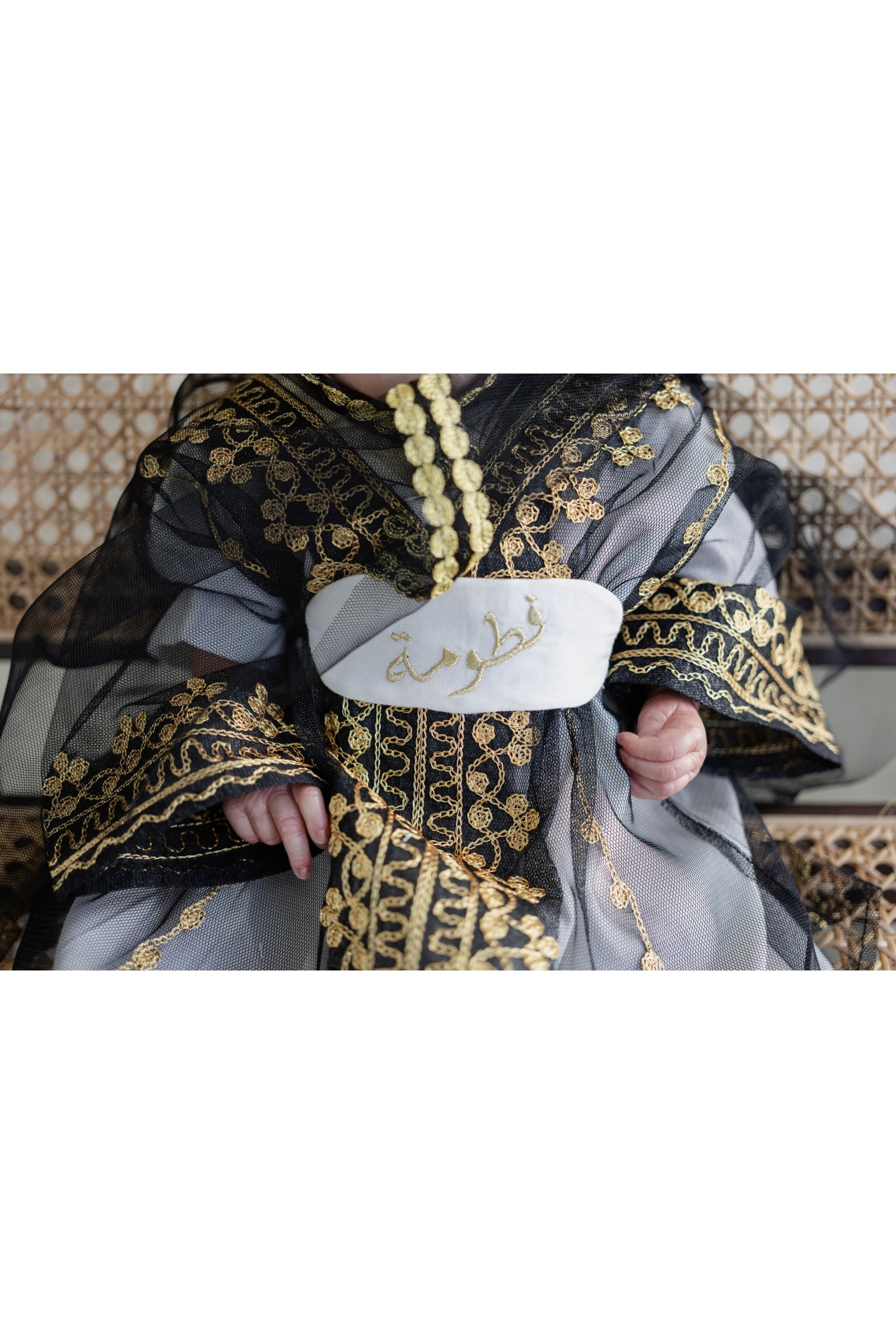 Baby Girl Black Thoub Set with Bokhnag, Dress & Embroidered Belt – Golden Hand Embroidery (Size 0–6 Months)