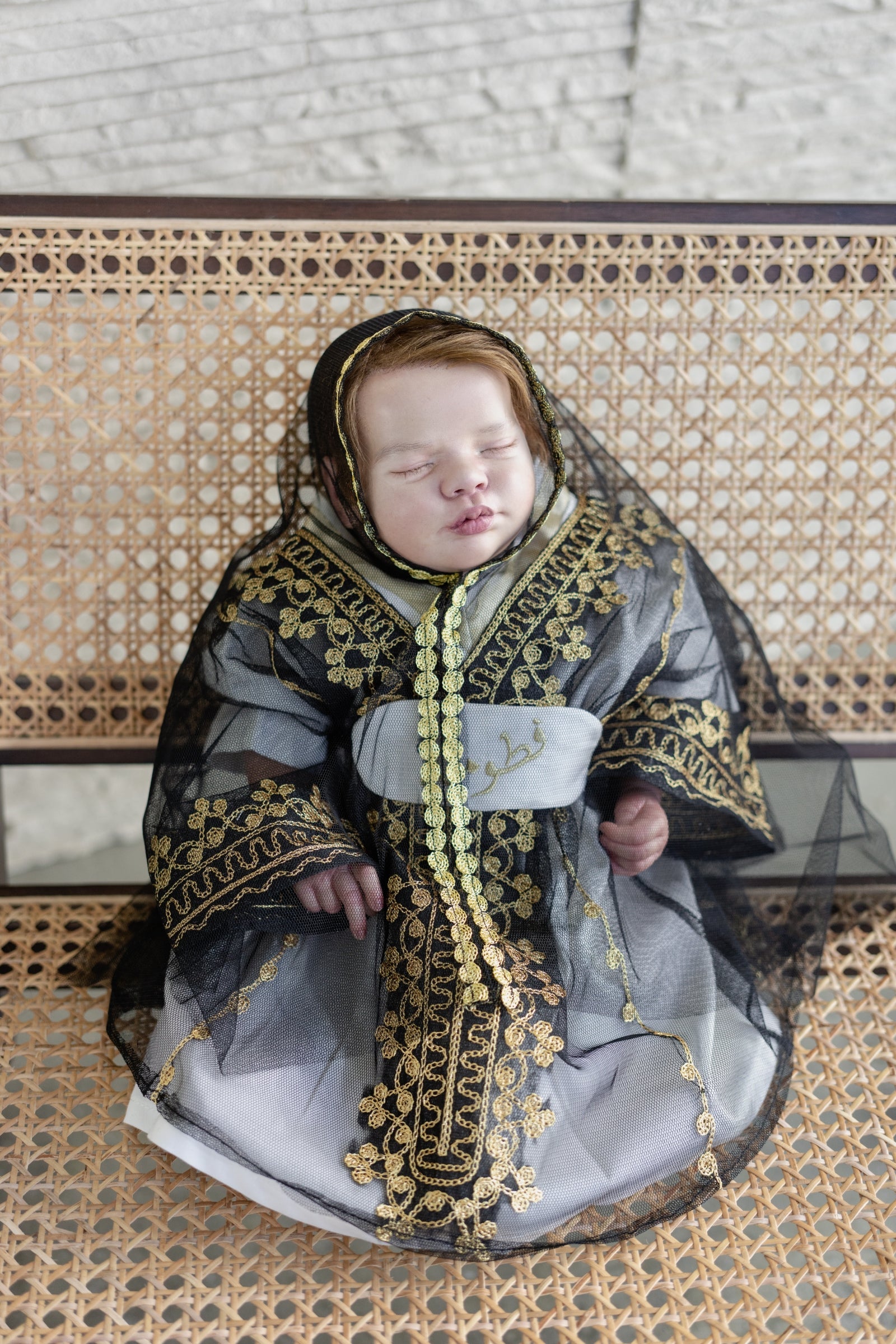 Baby Girl Black Thoub Set with Bokhnag, Dress & Embroidered Belt – Golden Hand Embroidery (Size 0–6 Months)
