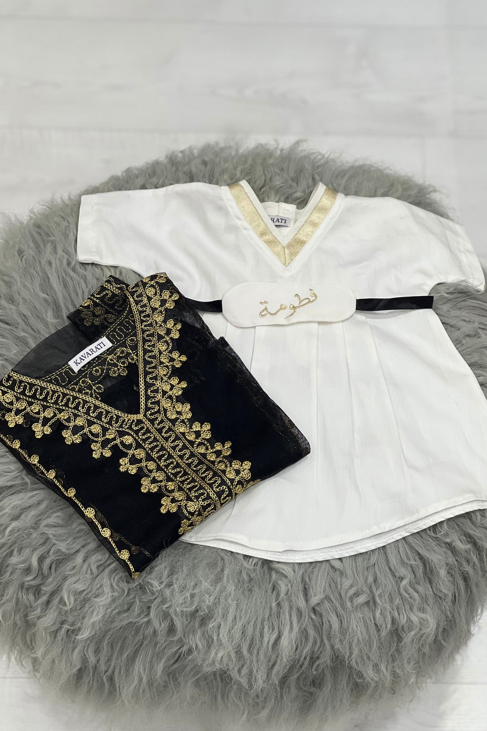 Baby Girl Black Thoub Set with Bokhnag, Dress & Embroidered Belt – Golden Hand Embroidery (Size 0–6 Months)