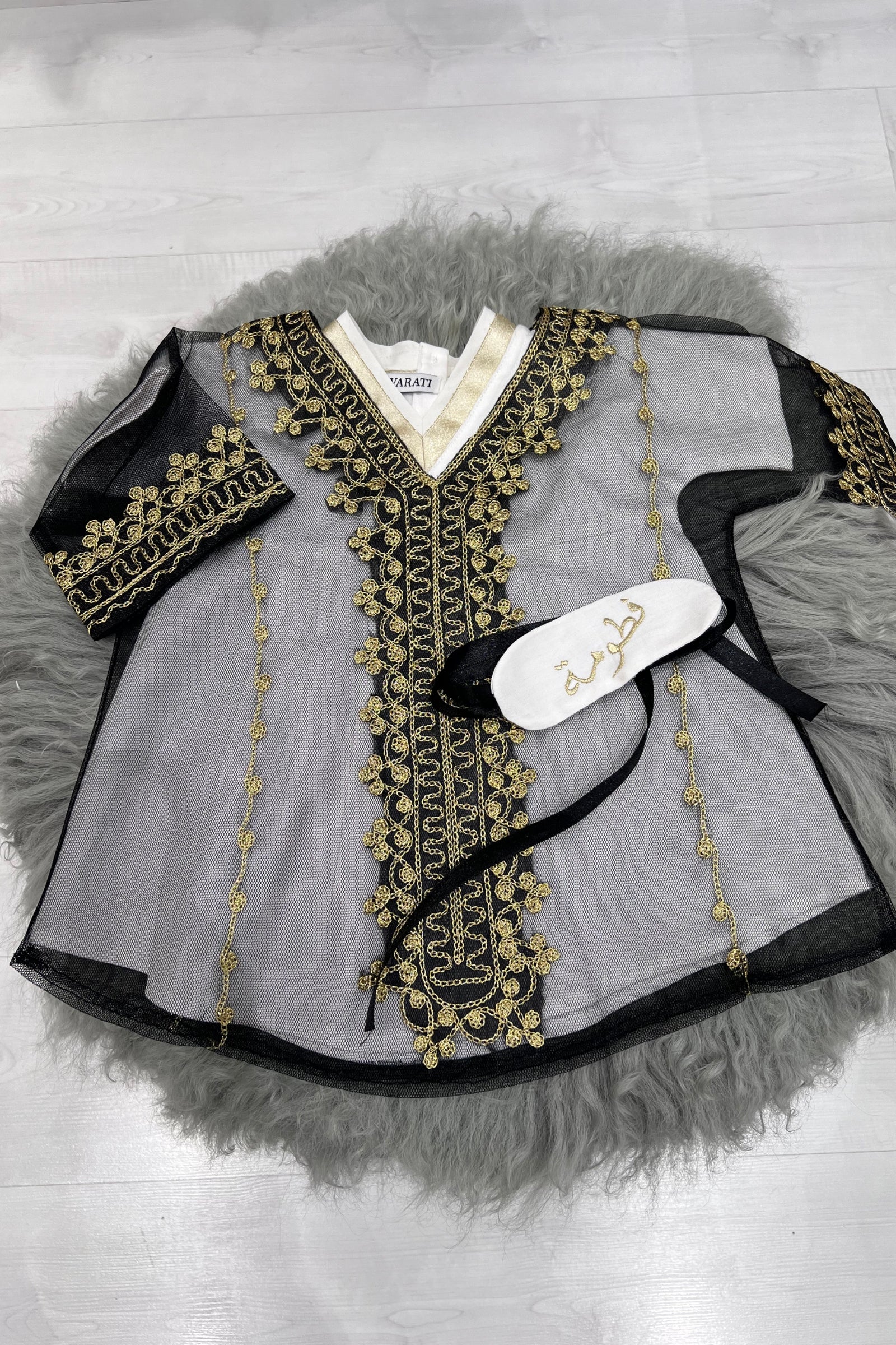 Baby Girl Black Thoub Set with Bokhnag, Dress & Embroidered Belt – Golden Hand Embroidery (Size 0–6 Months)