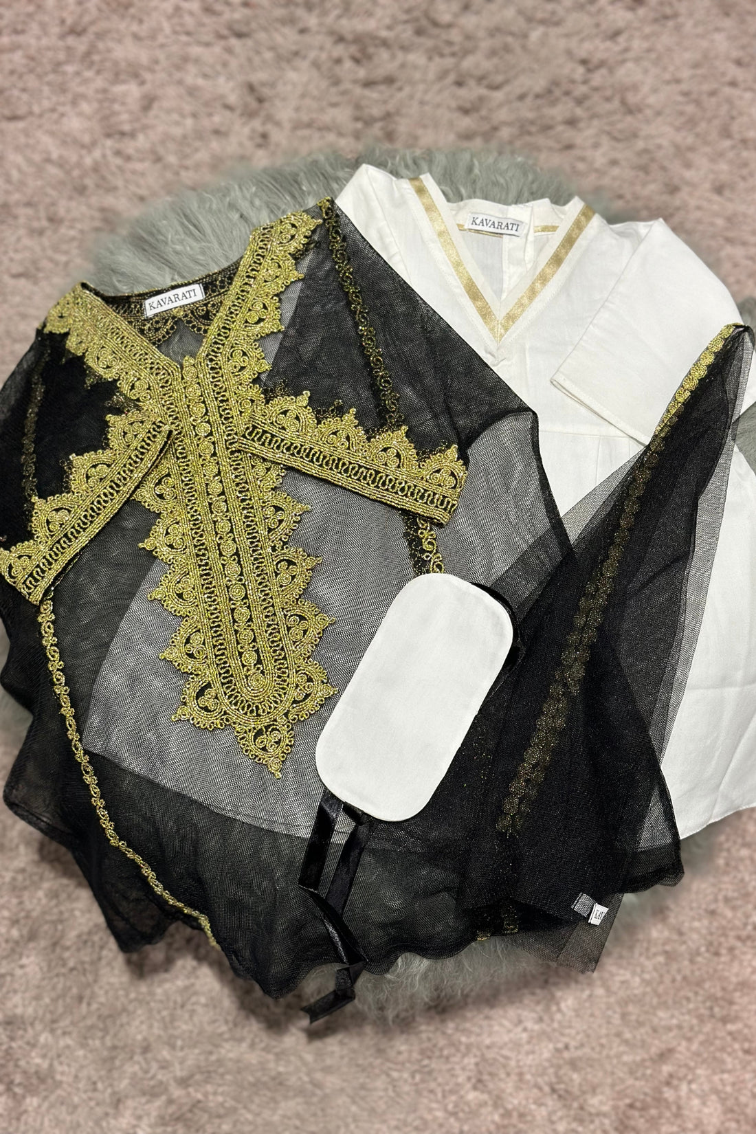 Baby Girl Black Thoub Set with Bokhnag, Dress & Embroidered Belt – Golden Hand Embroidery (Size 6–9 Months)