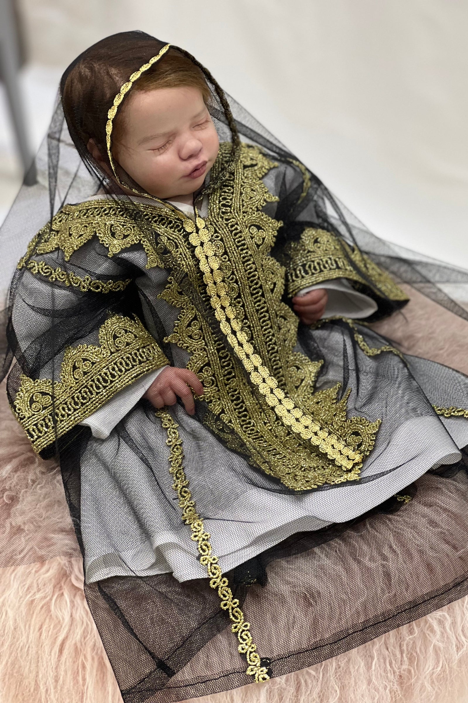Baby Girl Black Thoub Set with Bokhnag, Dress & Embroidered Belt – Golden Hand Embroidery (Size 6–9 Months)