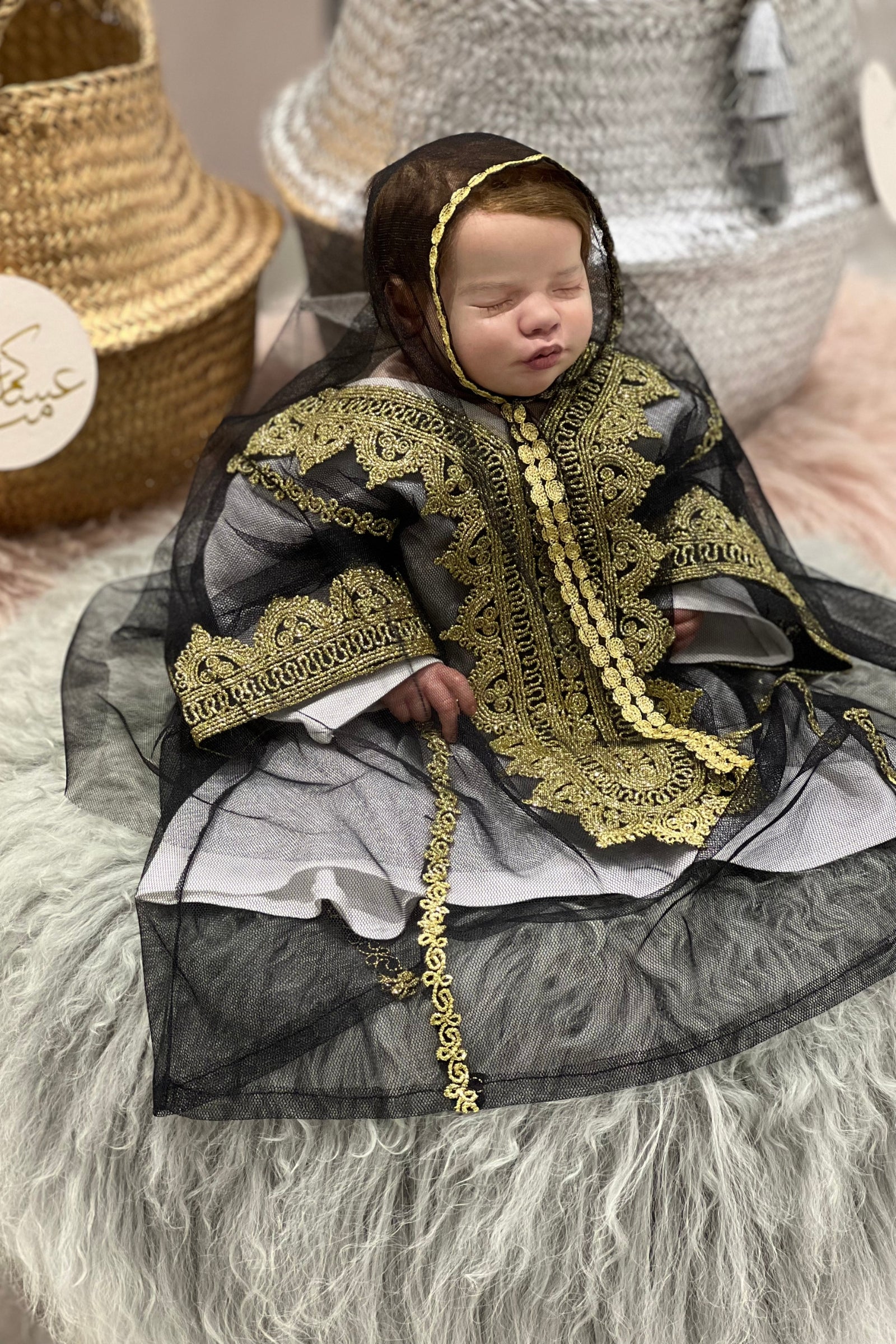 Baby Girl Black Thoub Set with Bokhnag, Dress & Embroidered Belt – Golden Hand Embroidery (Size 6–9 Months)