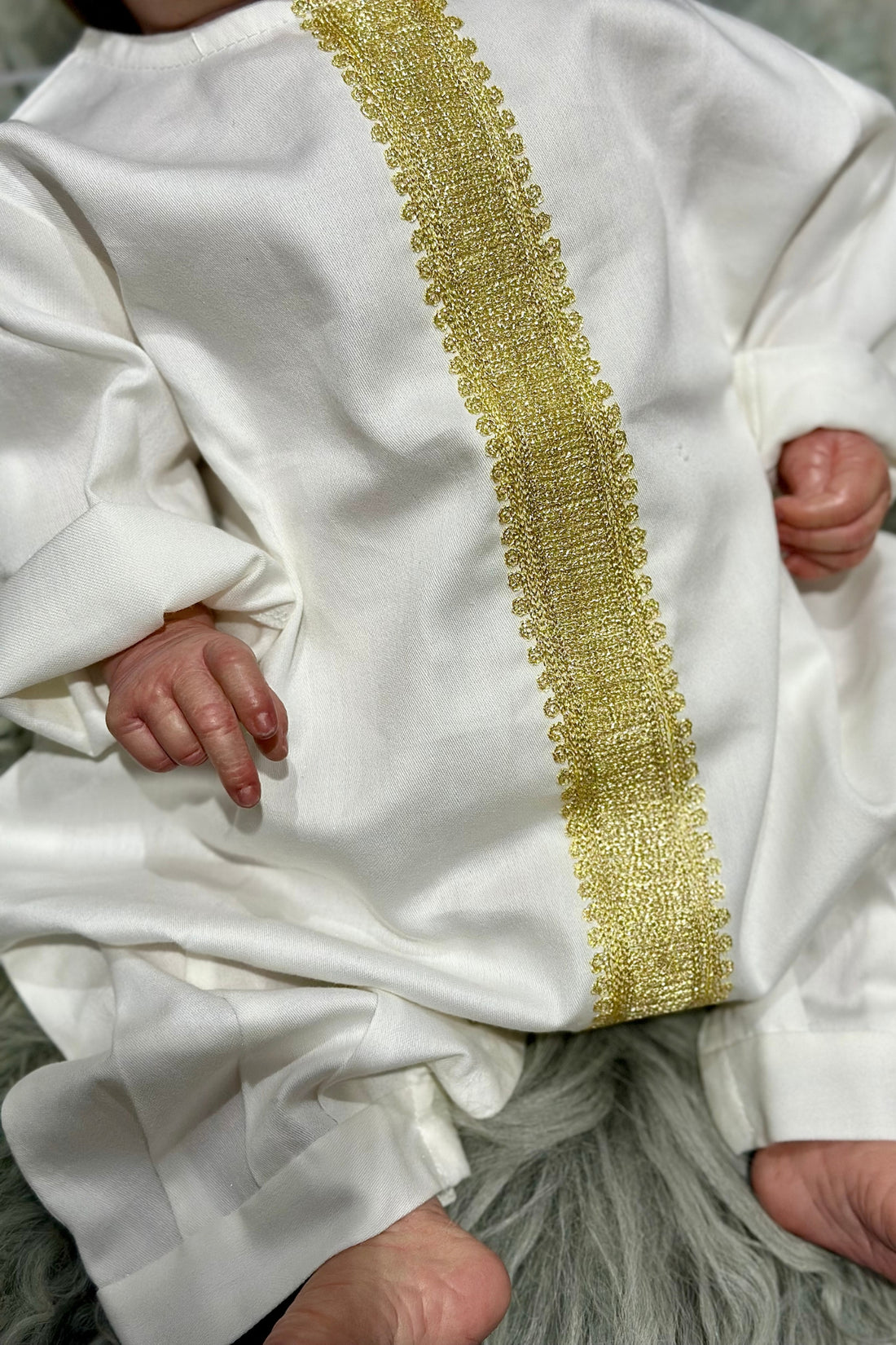 Embroidered Baby Boy Overall – Handcrafted Gold on Soft Cream Cotton (0–3 Months)