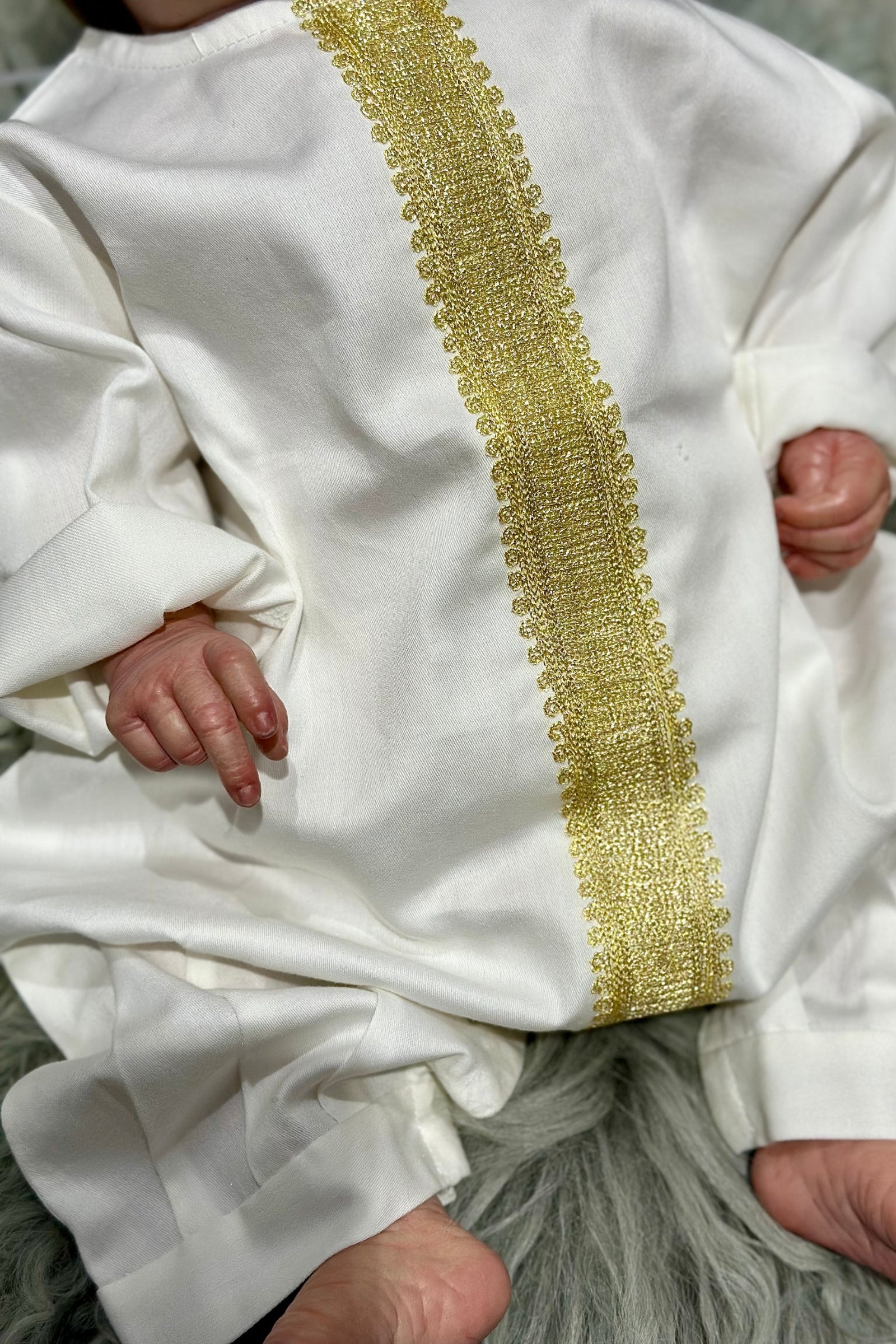 Embroidered Baby Boy Overall – Handcrafted Gold on Soft Cream Cotton (0–3 Months)