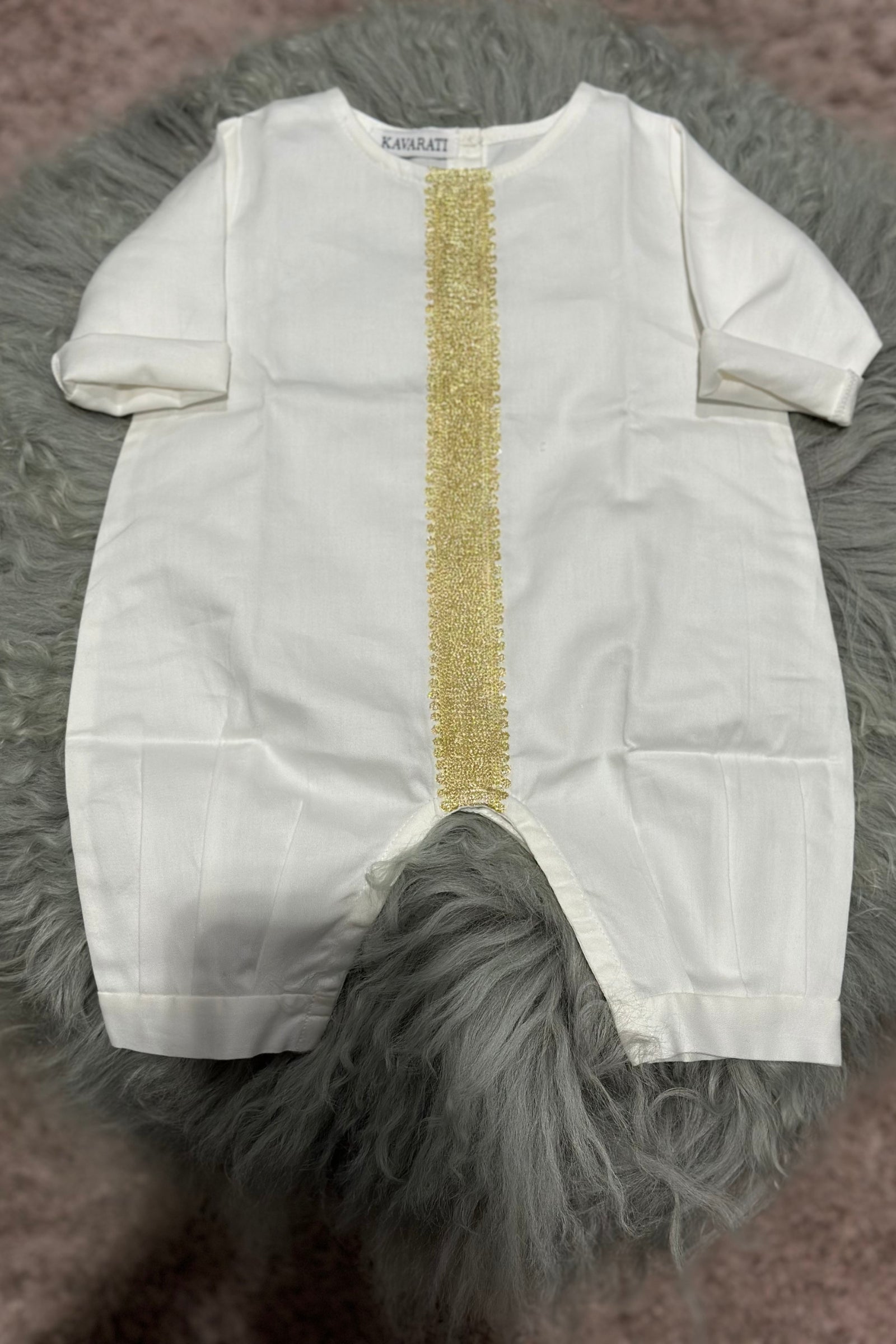 Embroidered Baby Boy Overall – Handcrafted Gold on Soft Cream Cotton (0–3 Months)