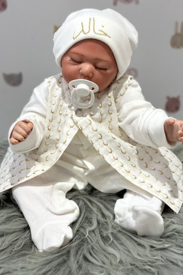 Helal & Najma Personalized Baby Boy Set – Embroidered Vest, Cotton Overalls & Hat (0–3 Months)