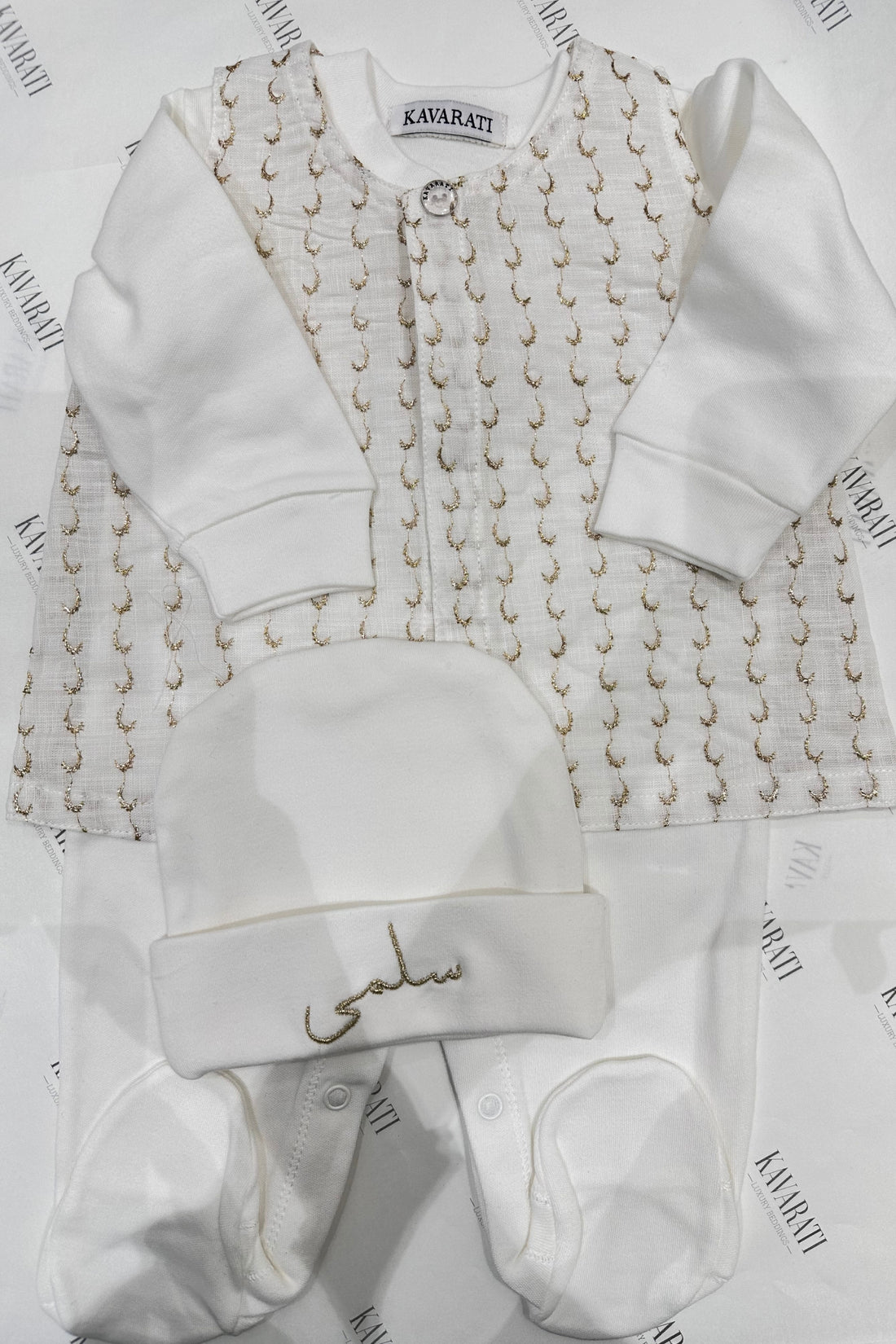 Helal & Najma Personalized Baby Boy Set – Embroidered Vest, Cotton Overalls & Hat (0–3 Months)