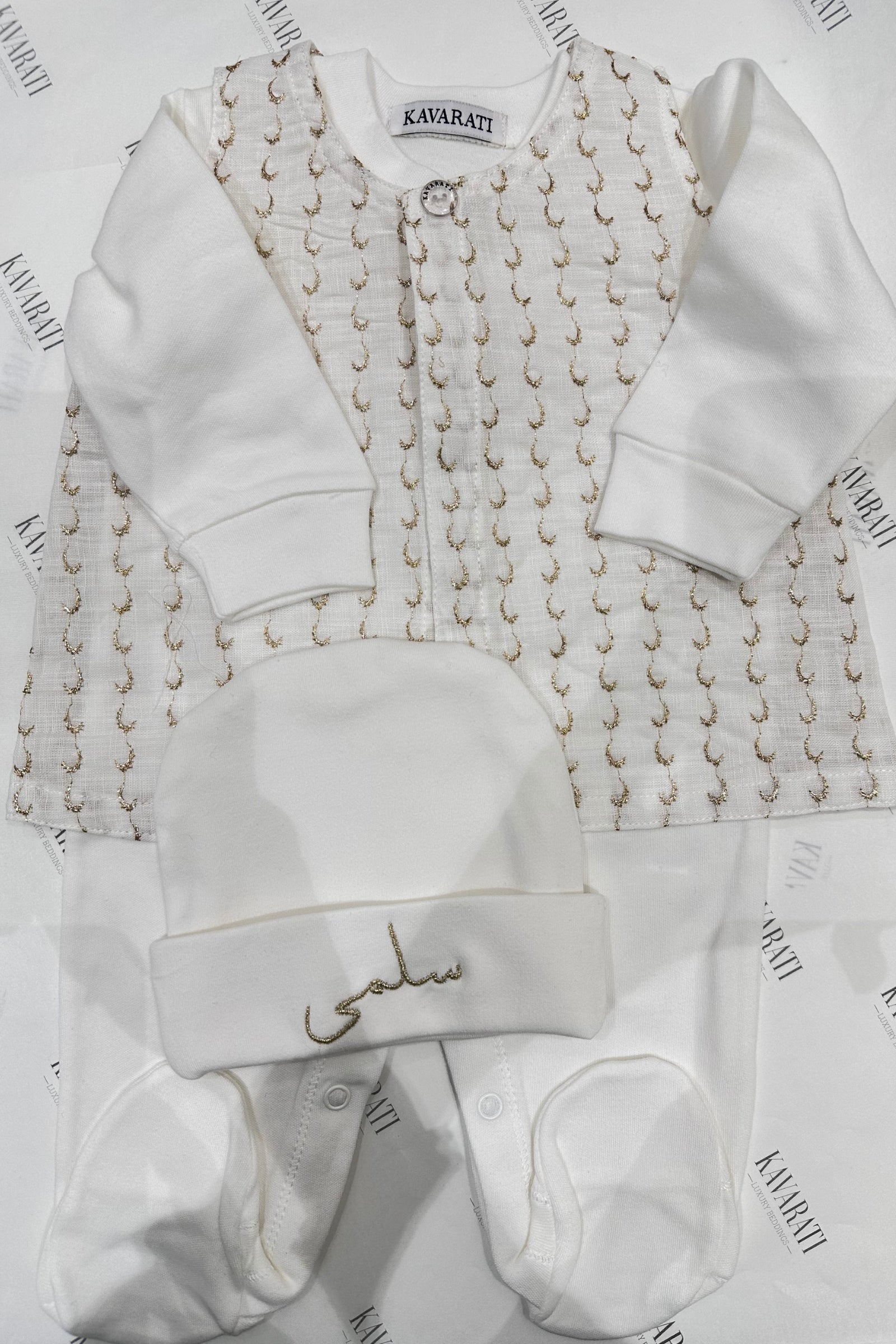 Helal & Najma Personalized Baby Boy Set – Embroidered Vest, Cotton Overalls & Hat (0–3 Months)