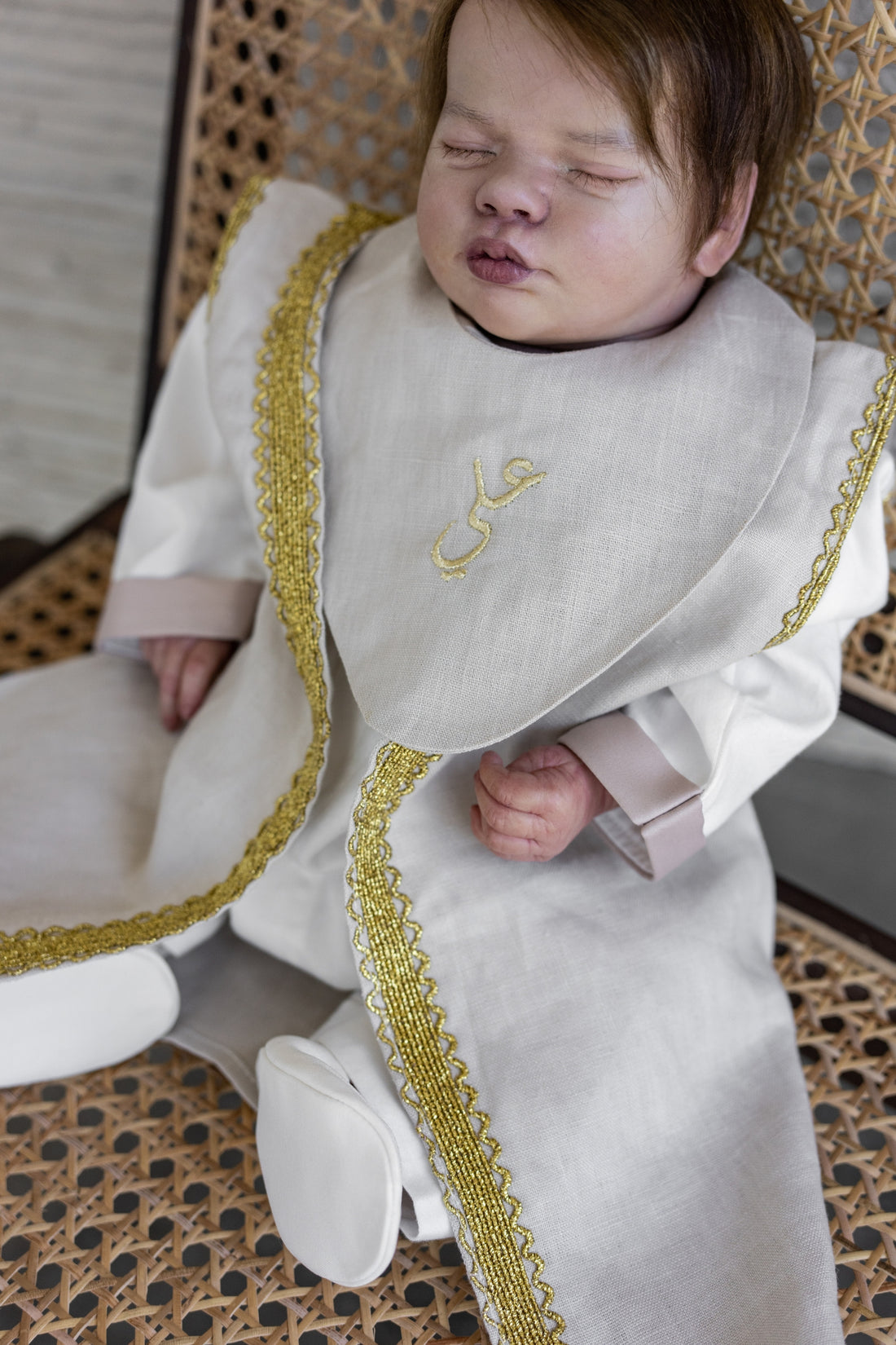 Light Beige Baby Boy Bisht with Personalized Embroidered Bib (0–6 Months)