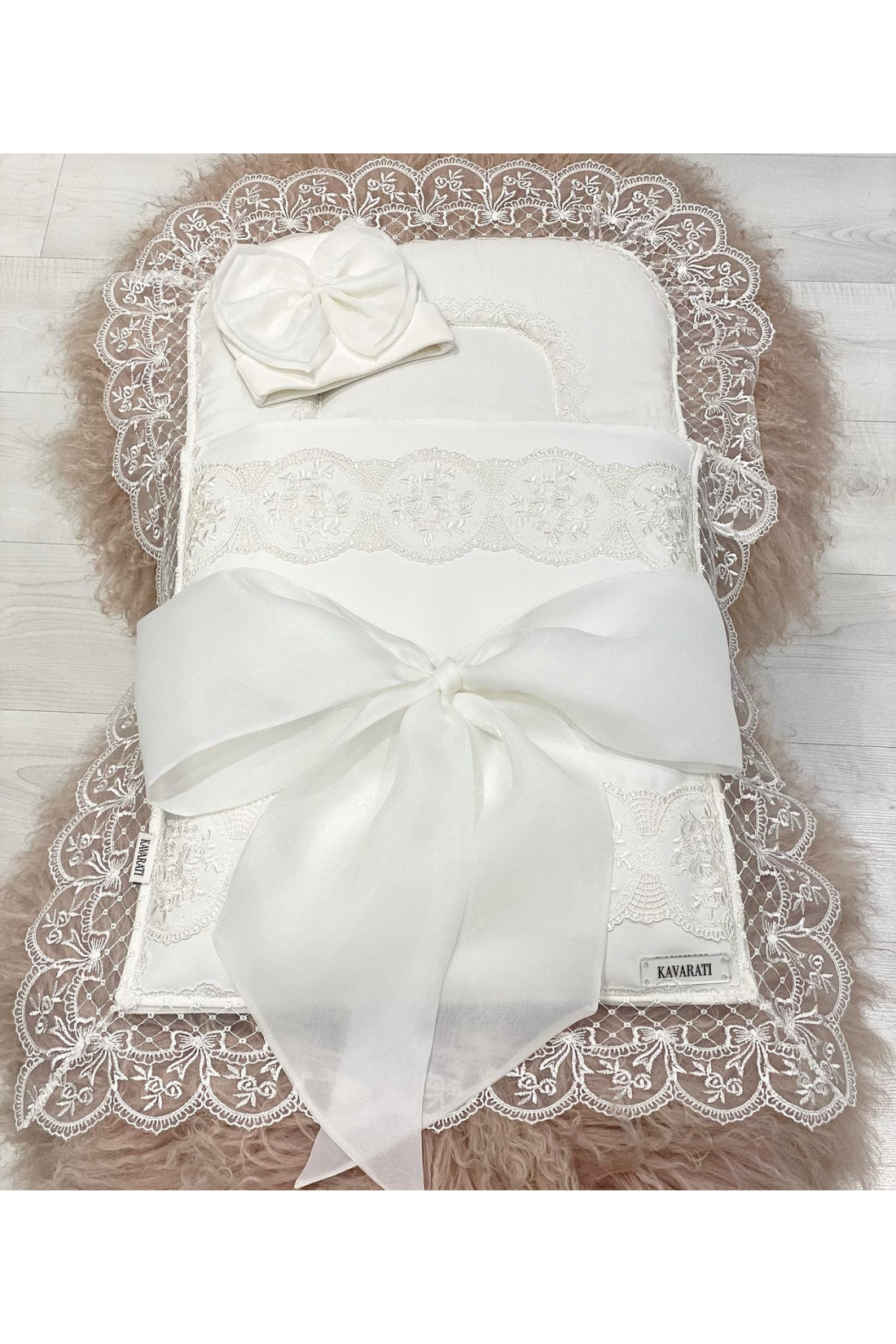 Luxury Hand-Embroidered Baby Sleeping Bag with Bow & Lace Trim