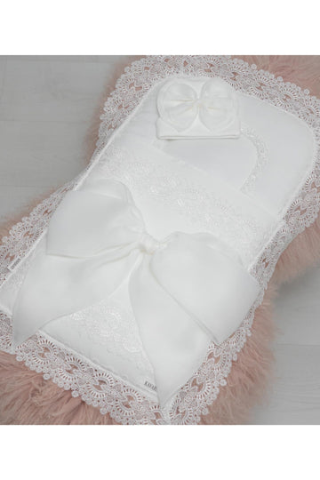 Unique White Baby Sleeping Bag with Elegant Bow and Matching Cap