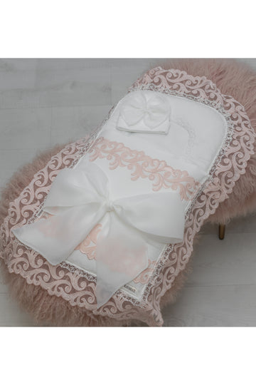 Unique White Baby Sleeping Bag with Elegant Bow and Matching Cap