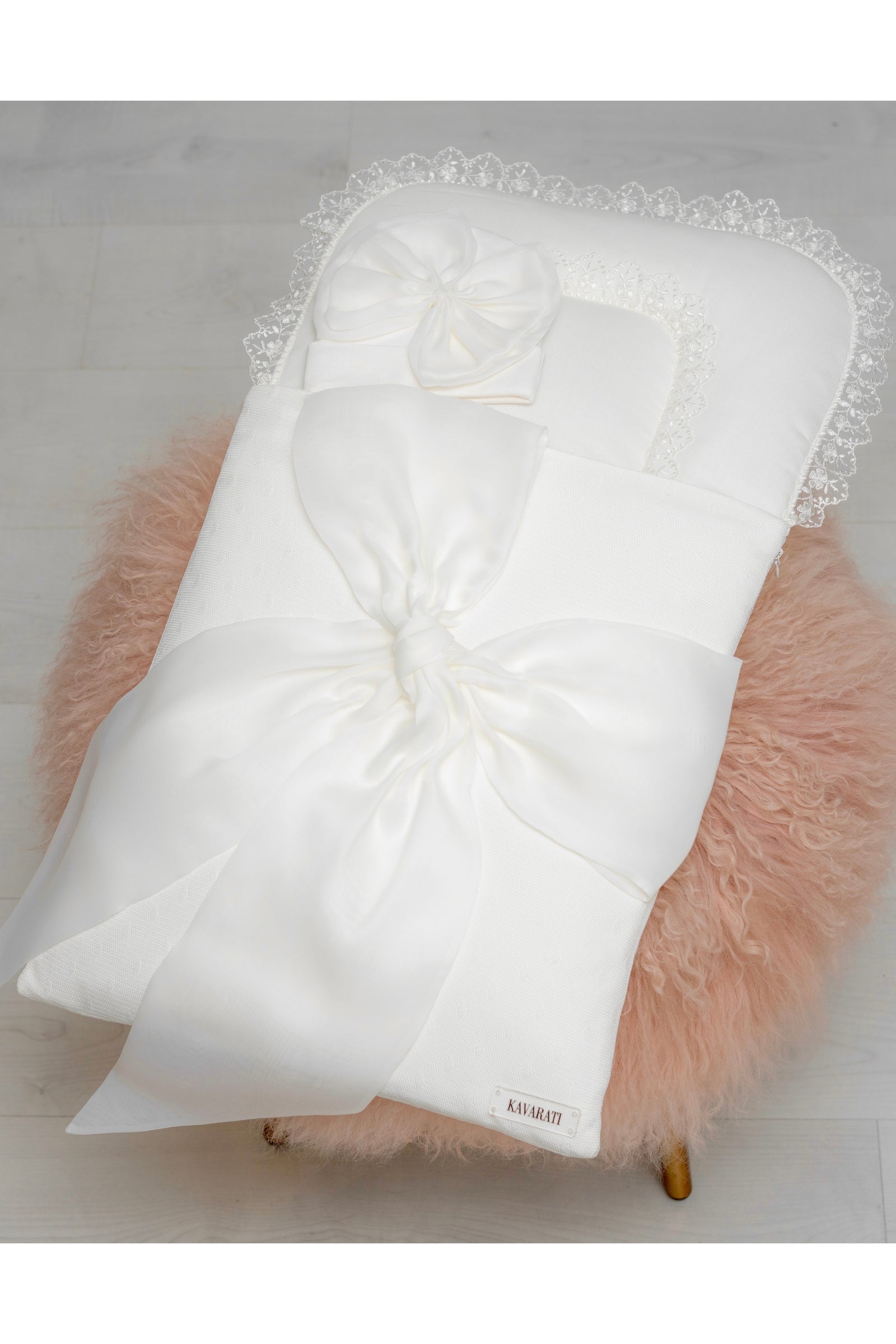 Unique White Baby Sleeping Bag with Elegant Bow and Matching Cap
