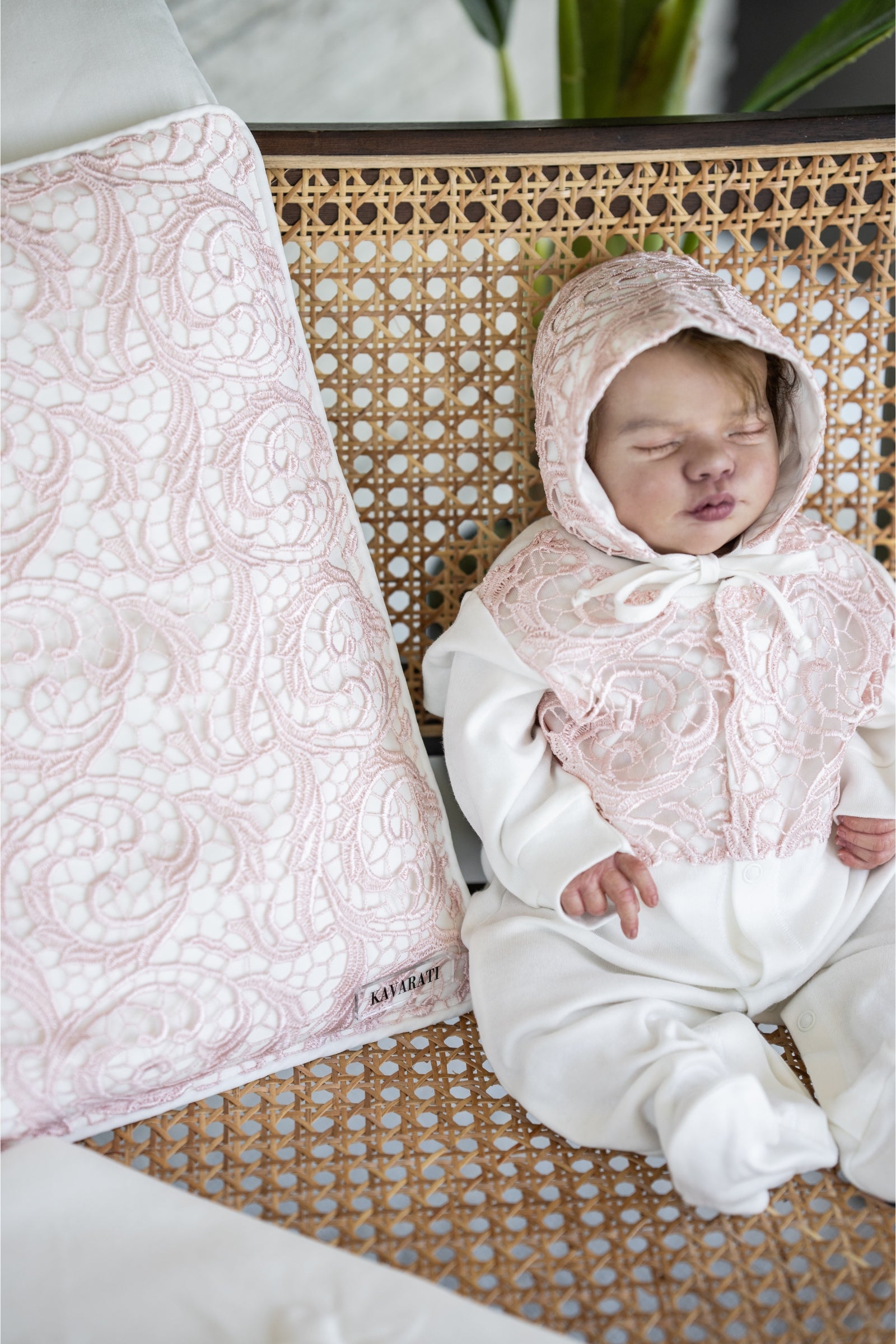 Elegant 4 Piece Light Cream Baby Set with Pink Lace