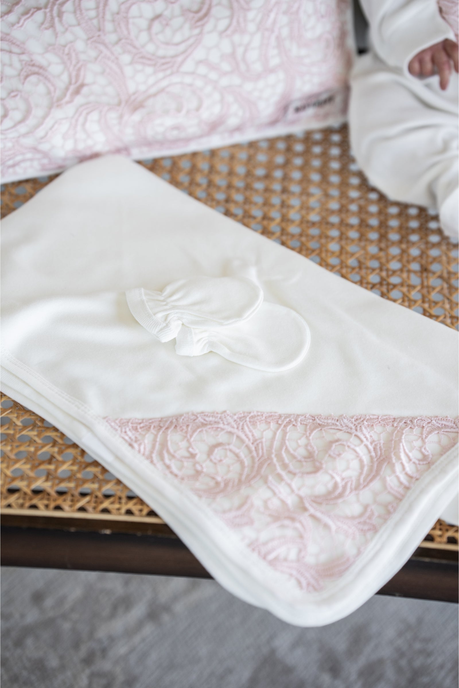 Elegant 4 Piece Light Cream Baby Set with Pink Lace