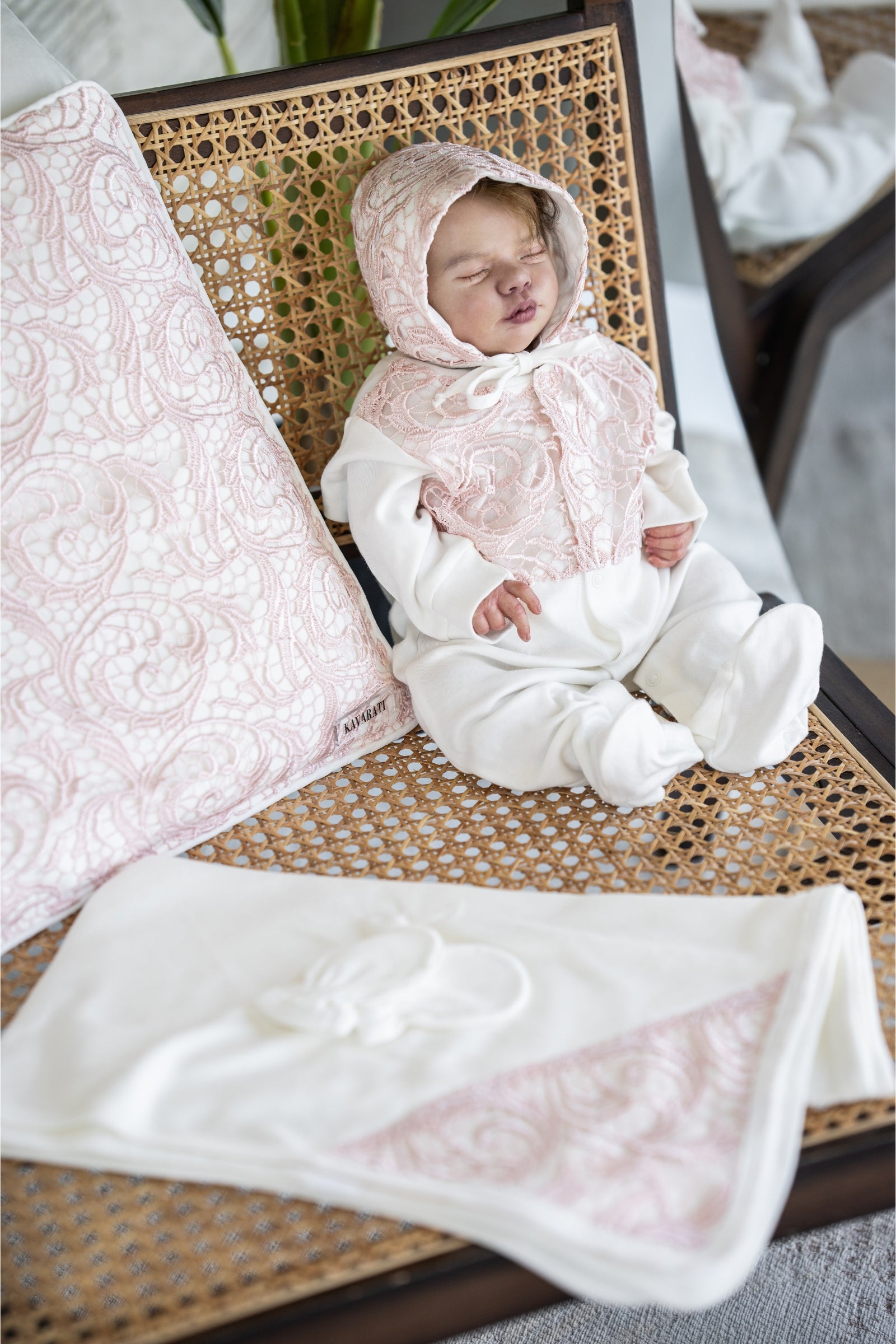 Elegant 4 Piece Light Cream Baby Set with Pink Lace
