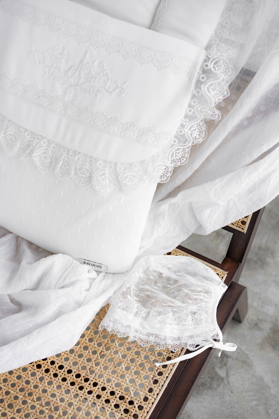Hand-Embroidered White Baby Sleeping Bag with Lace Bonnet