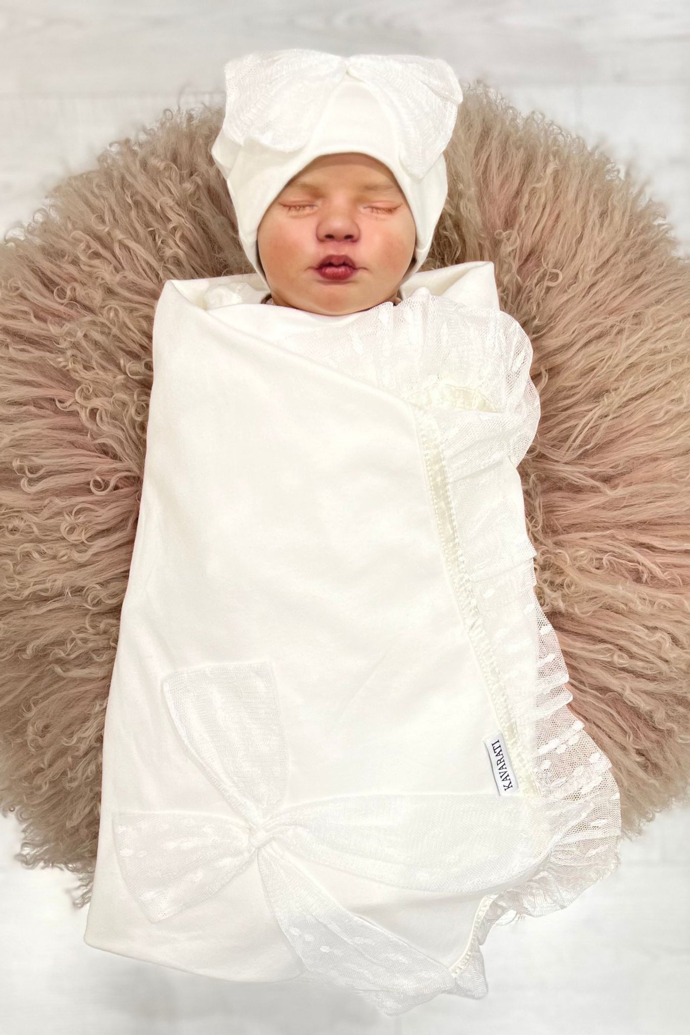Cream Cotton Newborn Swaddle &cap Set with Soft Tulle Bow