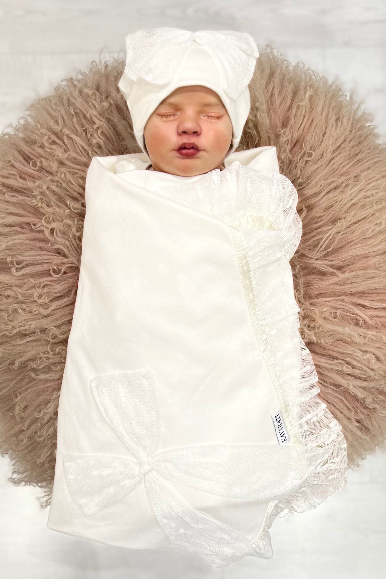 Cream Cotton Newborn Swaddle &cap Set with Soft Tulle Bow