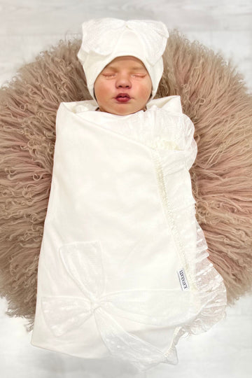 Cream Cotton Newborn Swaddle &cap Set with Soft Tulle Bow