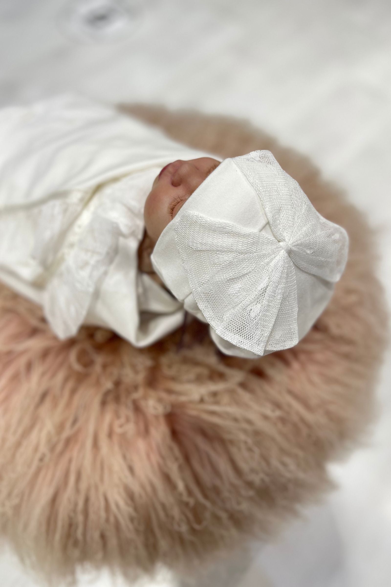Cream Cotton Newborn Swaddle &cap Set with Soft Tulle Bow
