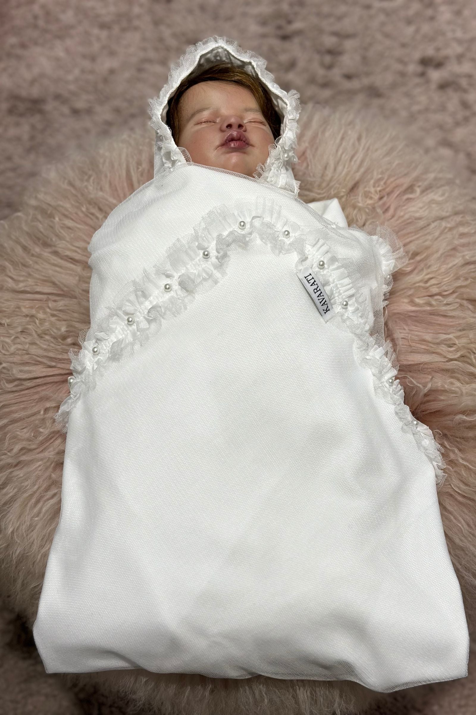 White Cotton Swaddle and Matching Hat Set with Pearl Details