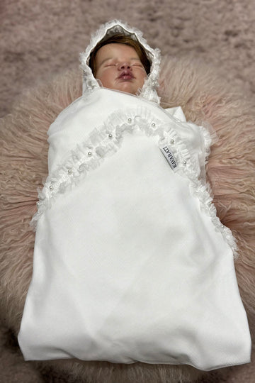 White Cotton Swaddle and Matching Hat Set with Pearl Details