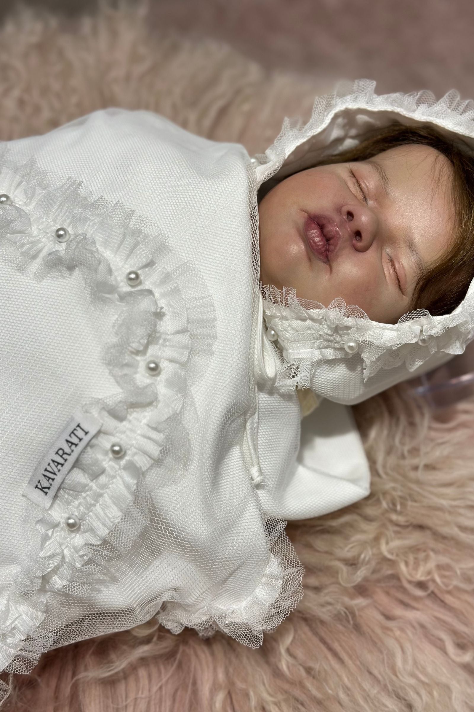 White Cotton Swaddle and Matching Hat Set with Pearl Details