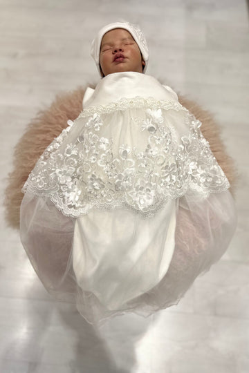 Luxury Ivory Lace Stretch Swaddle Set with Matching Hat