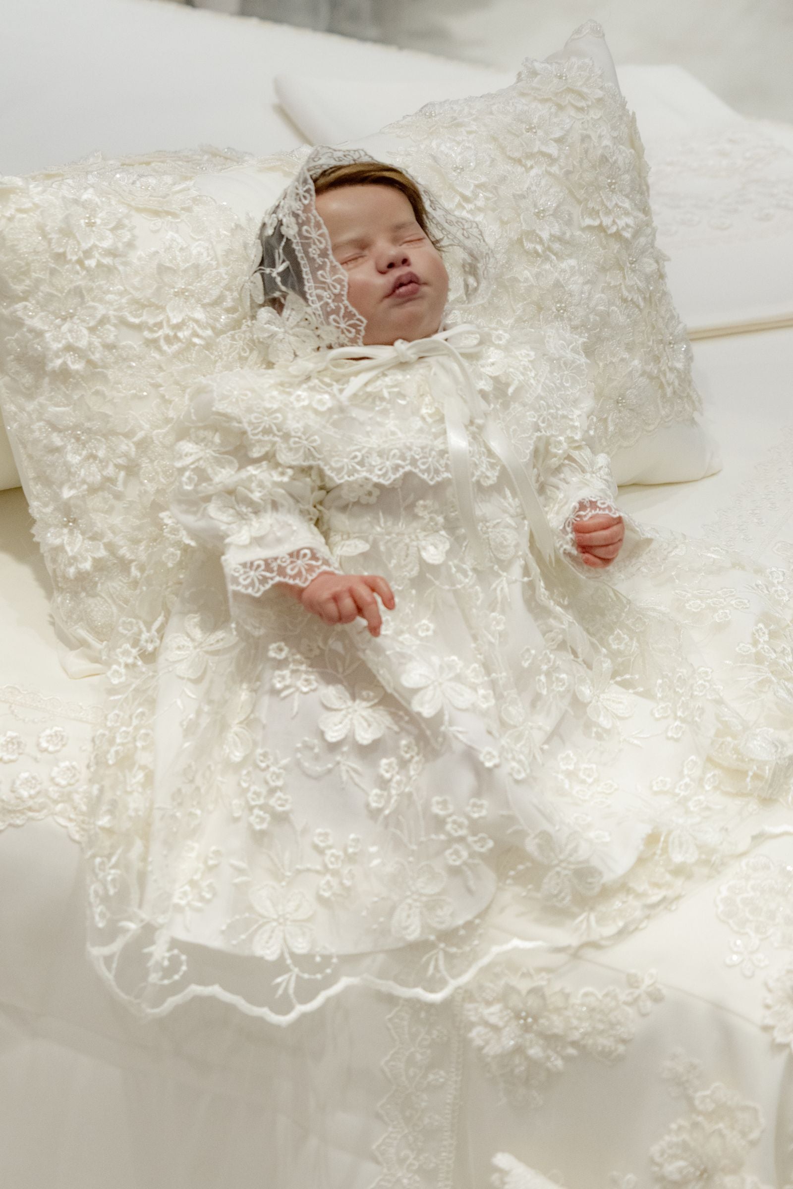 Handcrafted Baby Lace Gown with Bonnet – Luxurious Newborn Set