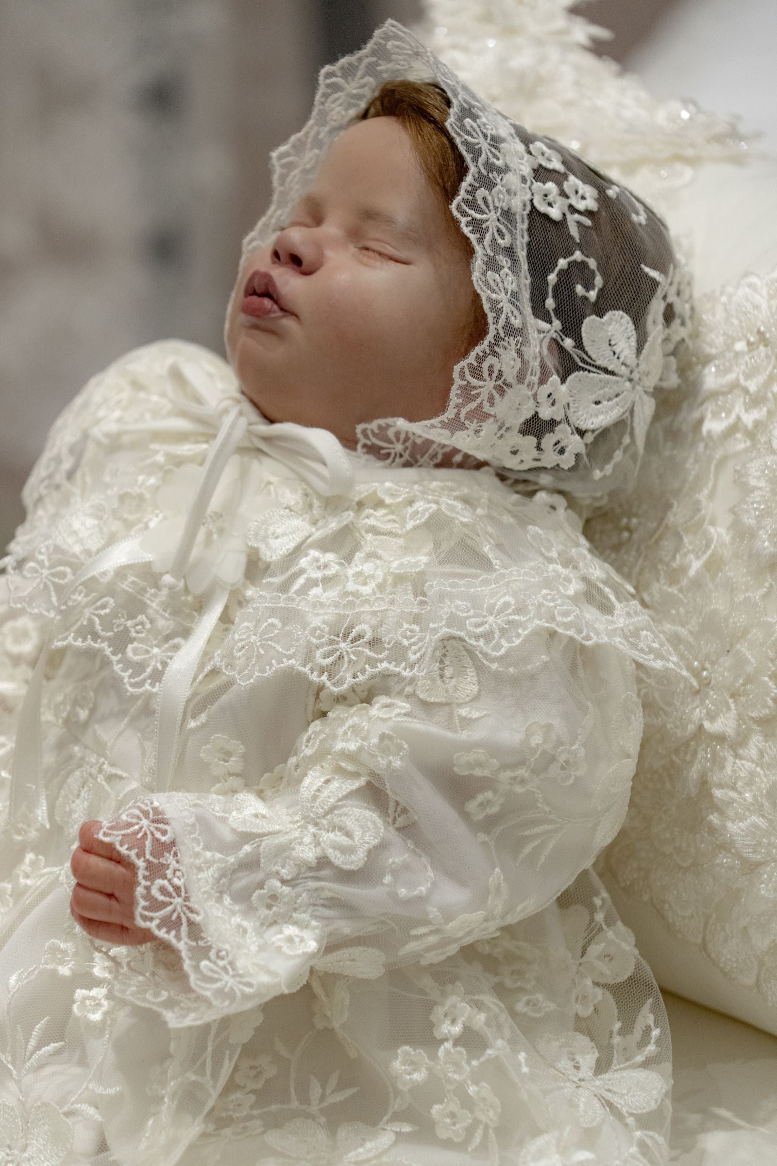 Handcrafted Baby Lace Gown with Bonnet – Luxurious Newborn Set