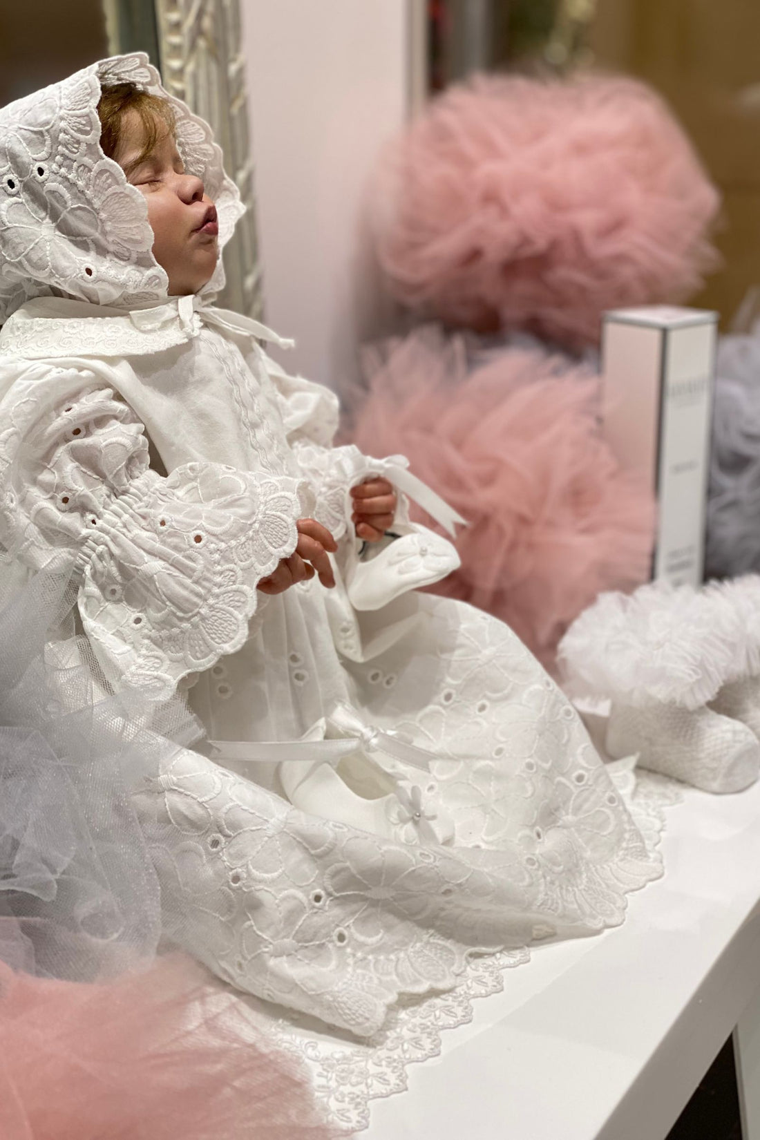 Embroidered Lace Baby Dress with Bonnet & Shoes – Heirloom White Elegance (0–3 Months)