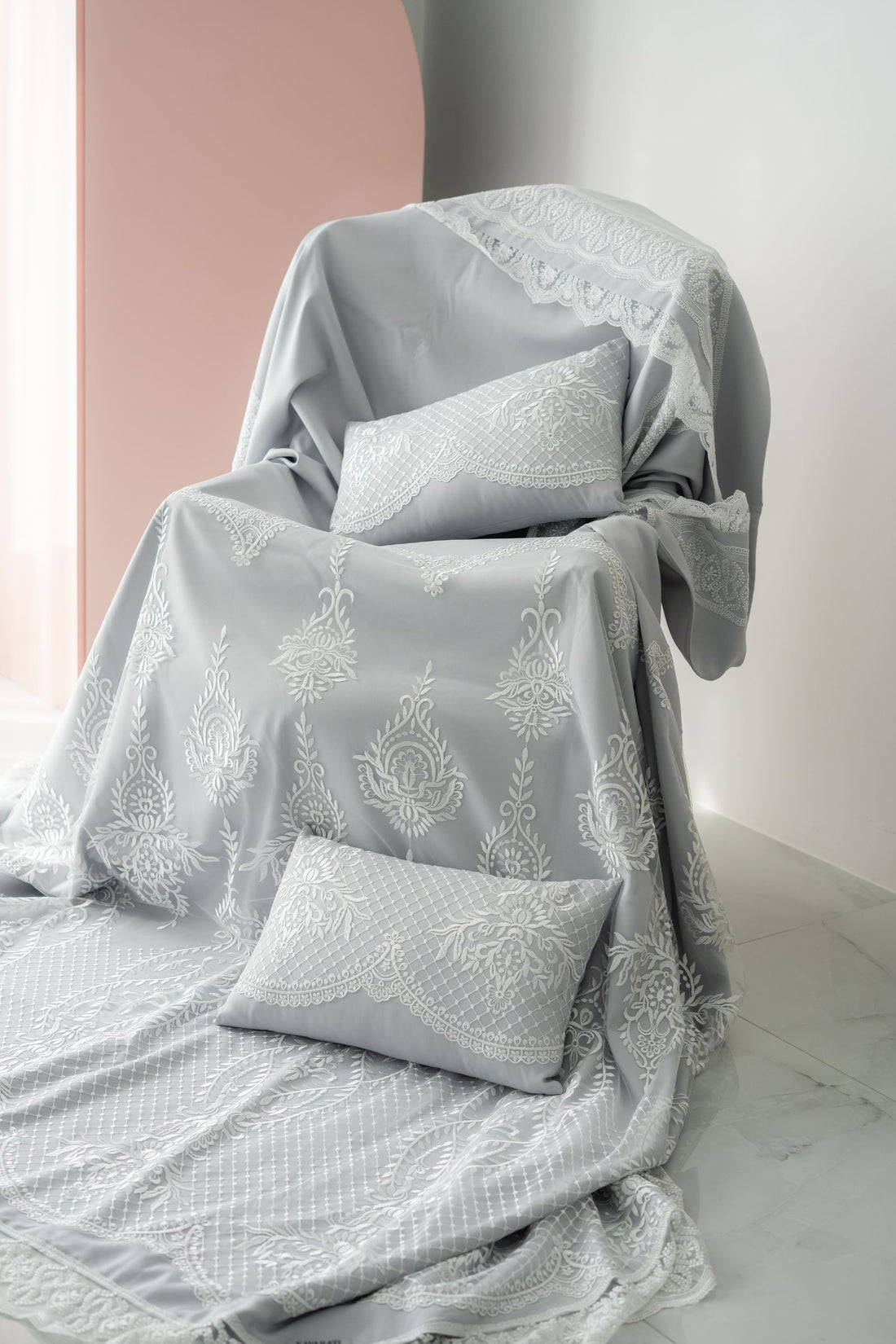 Silver-Grey Bedding Set with Classic White Embroidery