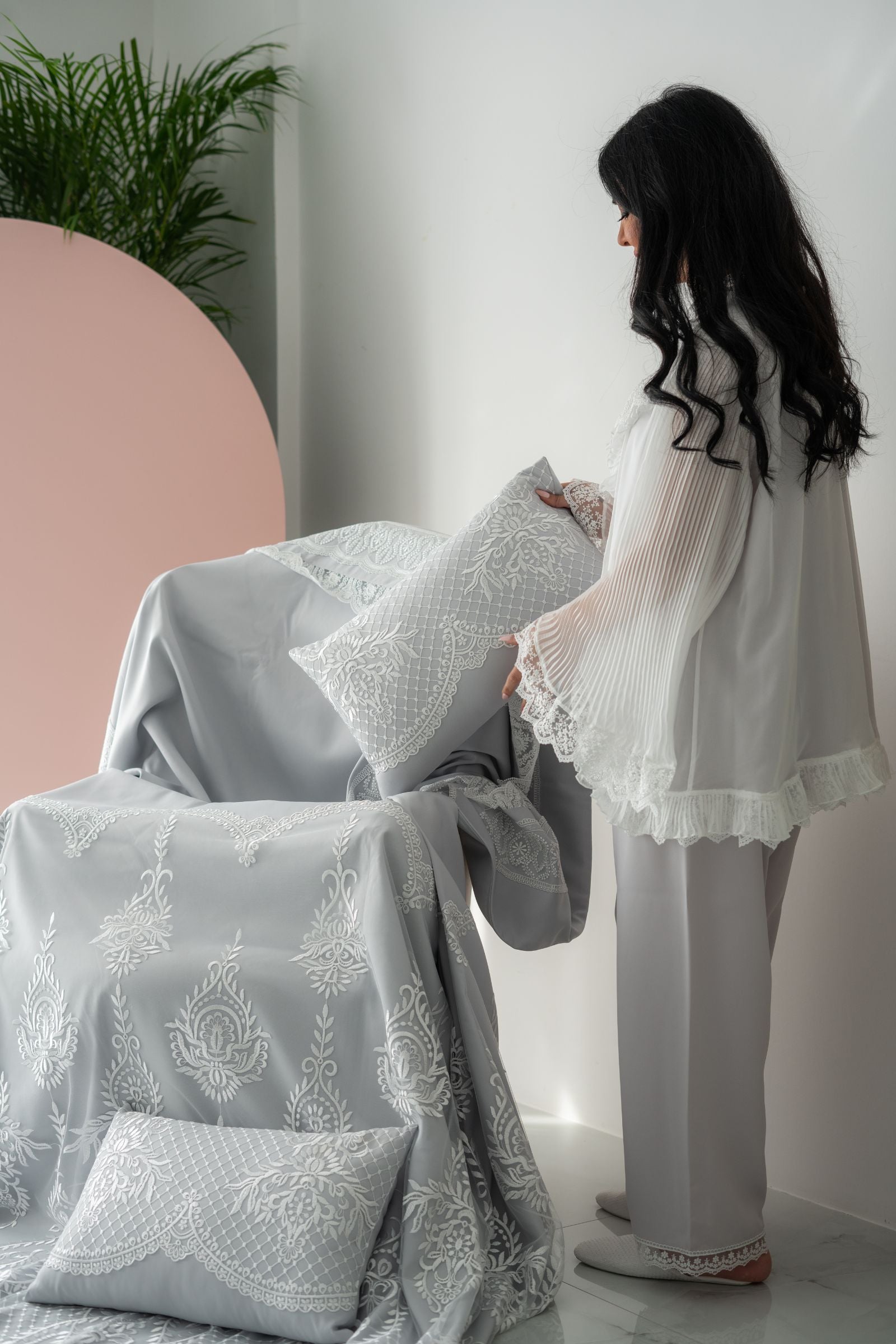 Silver-Grey Bedding Set with Classic White Embroidery