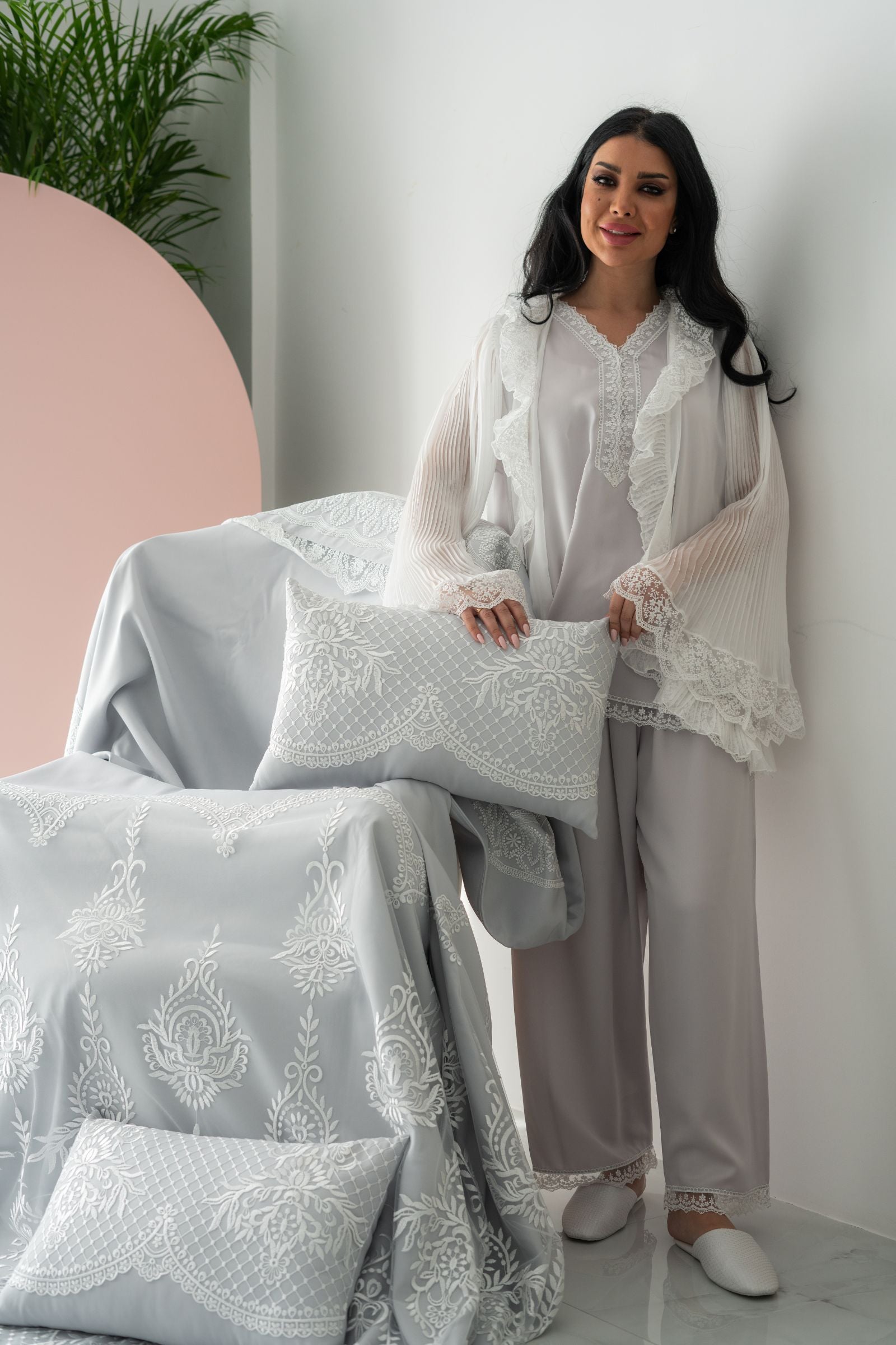 Silver-Grey Bedding Set with Classic White Embroidery