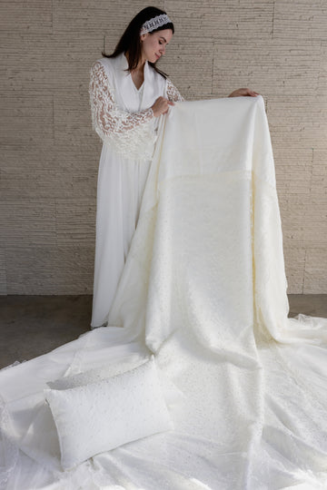 Luxury Pearl-Embroidered Light Cream Cover with Matching Lace