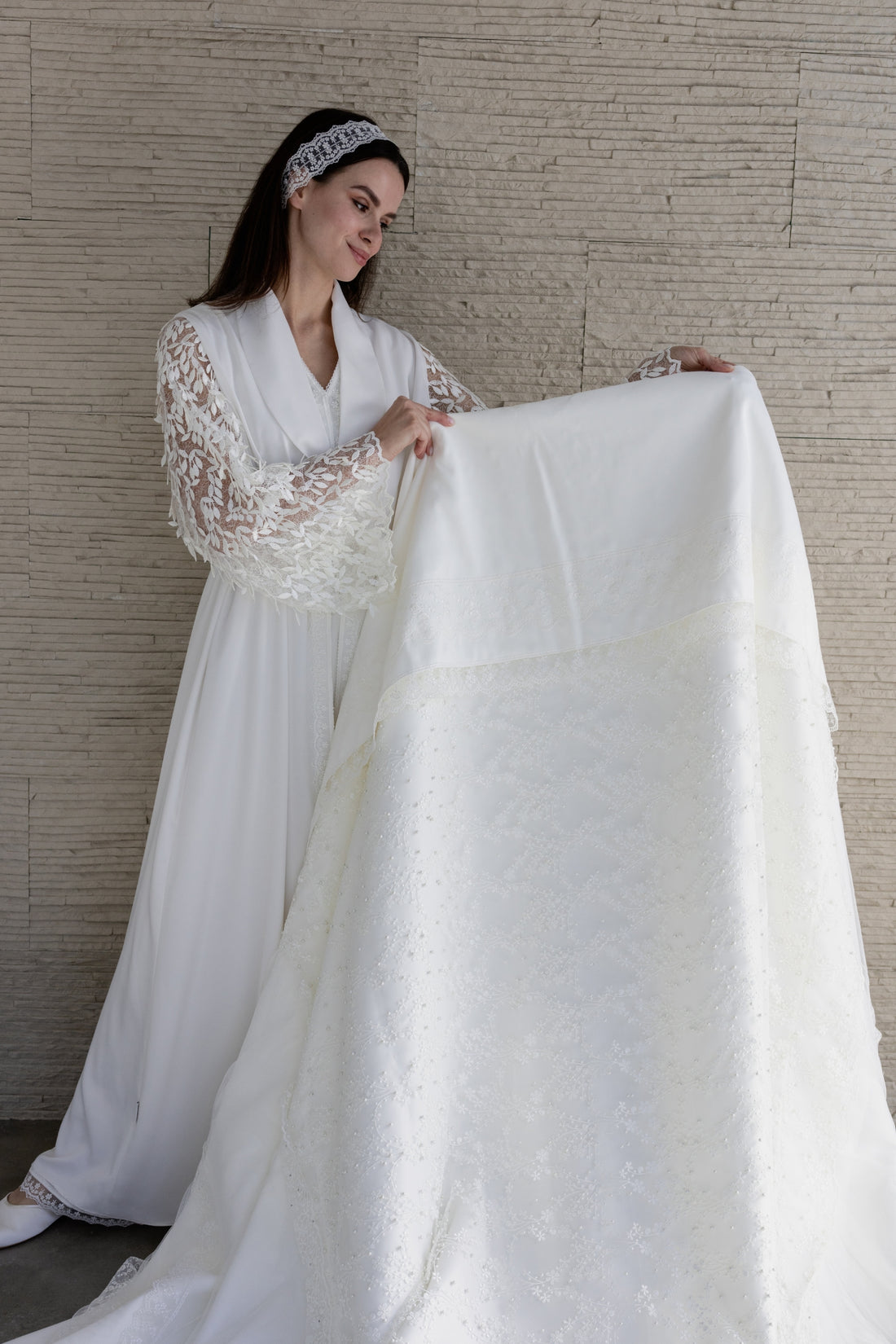 Luxury Pearl-Embroidered Light Cream Cover with Matching Lace