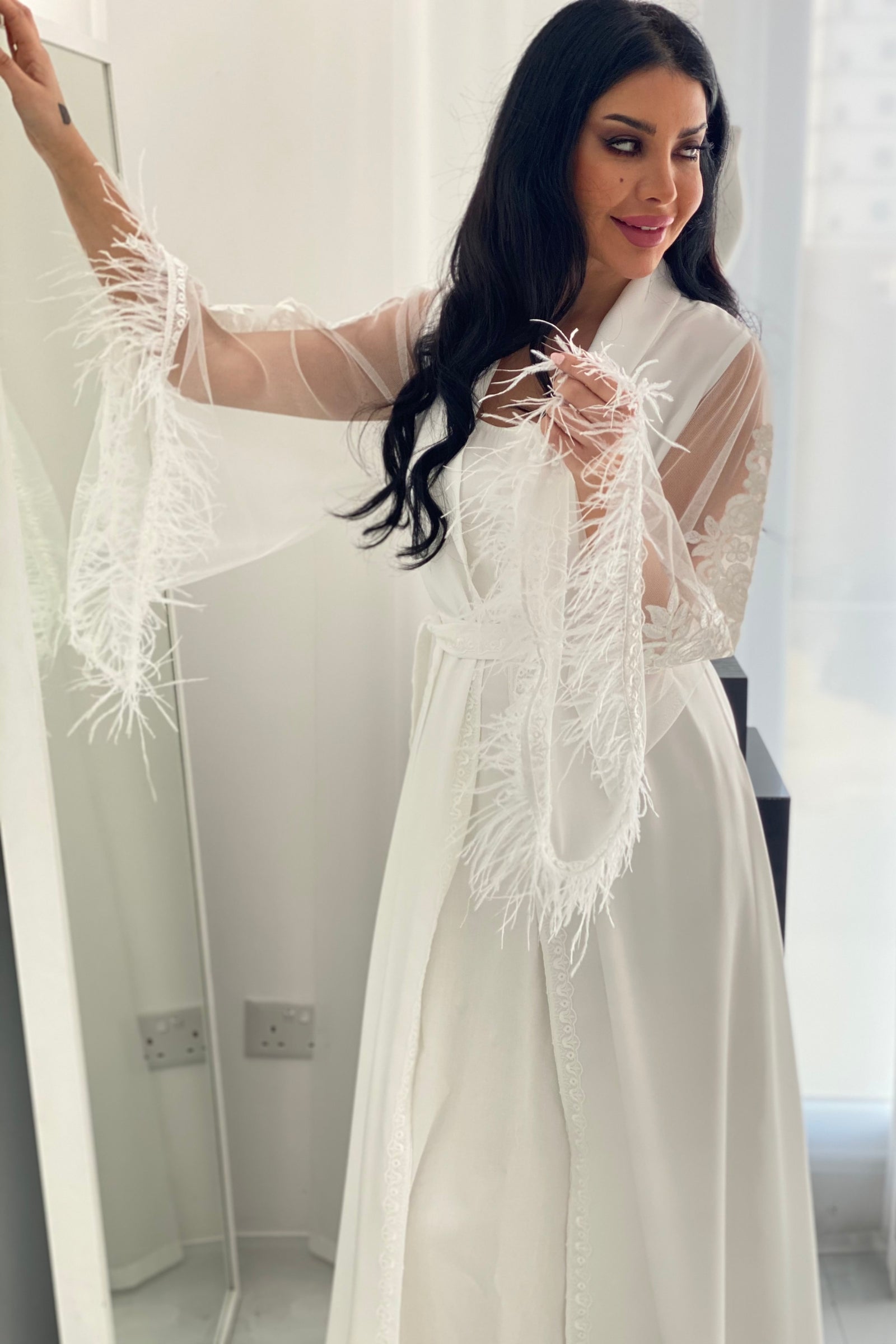 Elegant Feather Lace Bridal Robe Sheer Sleeve Luxury Wedding Wear in Kuwait Kavarati Elegant Feather Lace Bridal Robe Sheer Sleeve Luxury Wedding Wear in Kuwait Kavarati