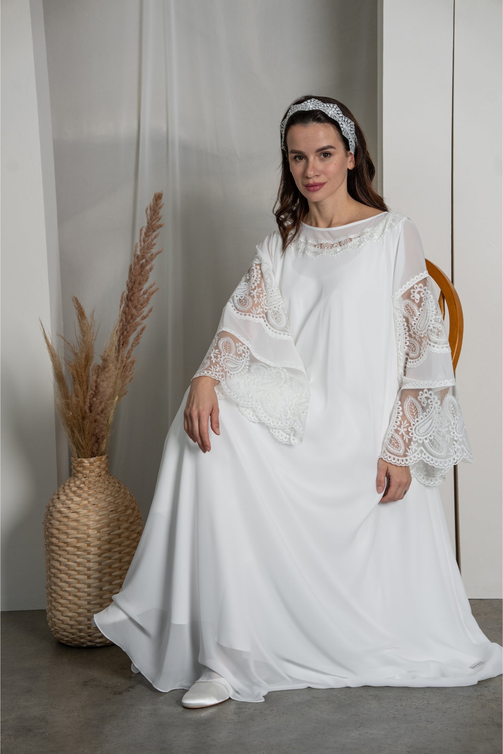 Elegant Wide Flared Dress White Lace