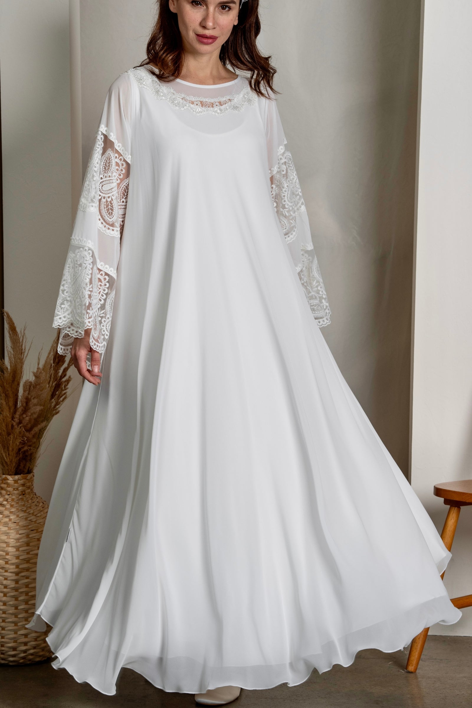 Elegant Wide Flared Dress White Lace